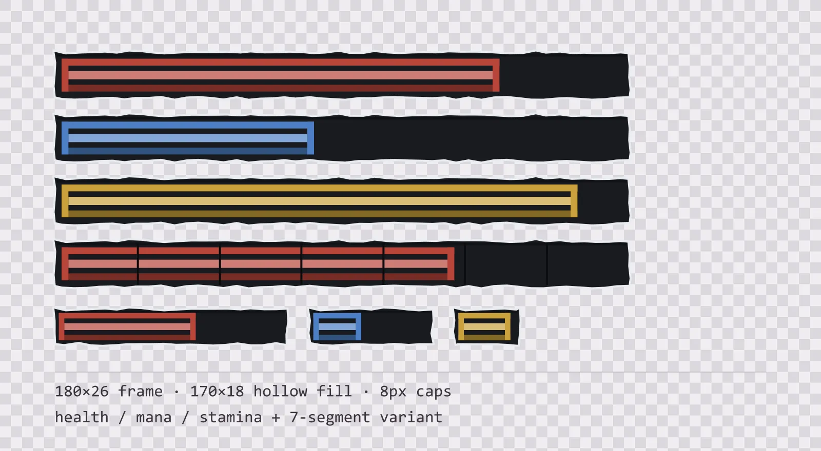 Three horizontal game status bars stacked on a checkerboard background, filled to different levels for health, mana and stamina, with a segmented 7-notch bar and three smaller bars beneath them