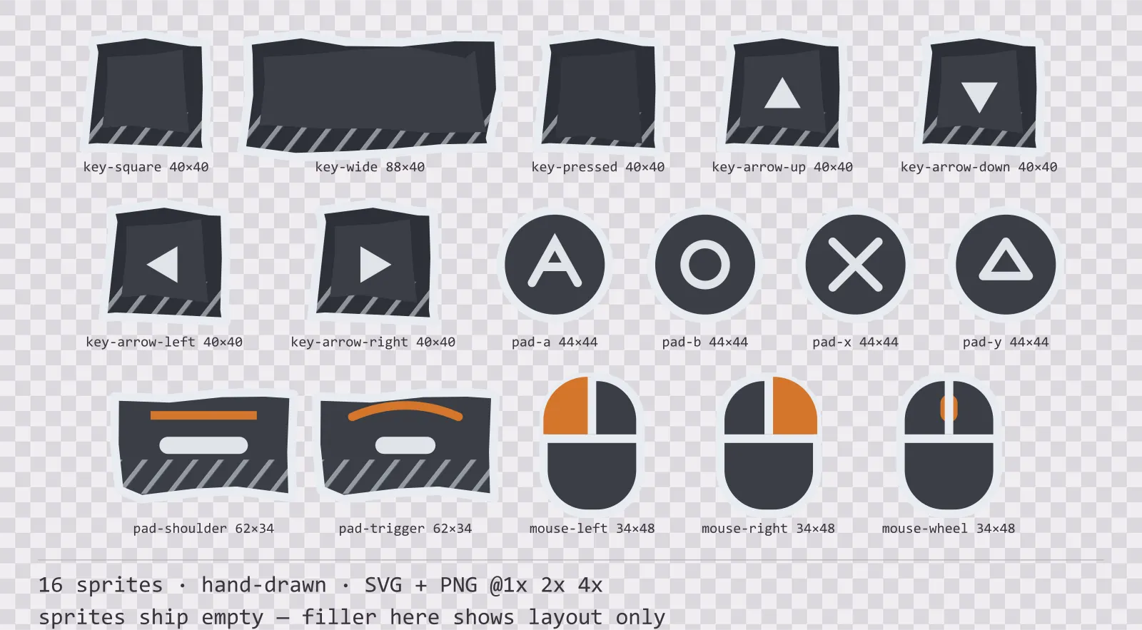 Sheet showing 16 hand-drawn input prompt sprites from the Charcoal family, arranged on a transparency checkerboard with their pixel sizes printed underneath