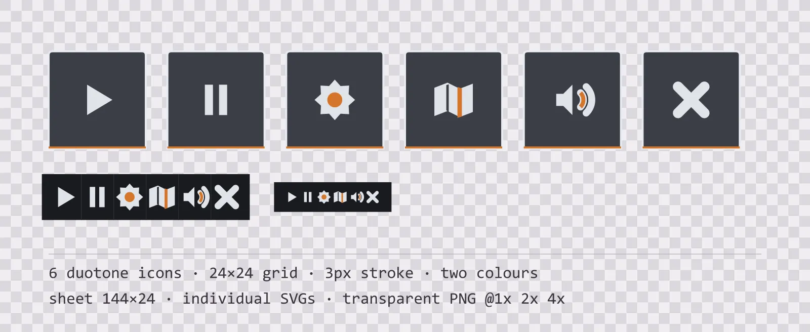 Six two-tone game menu icons on chalk on slate tiles, shown large, laid out on a sheet grid, and again at actual 24 pixel size