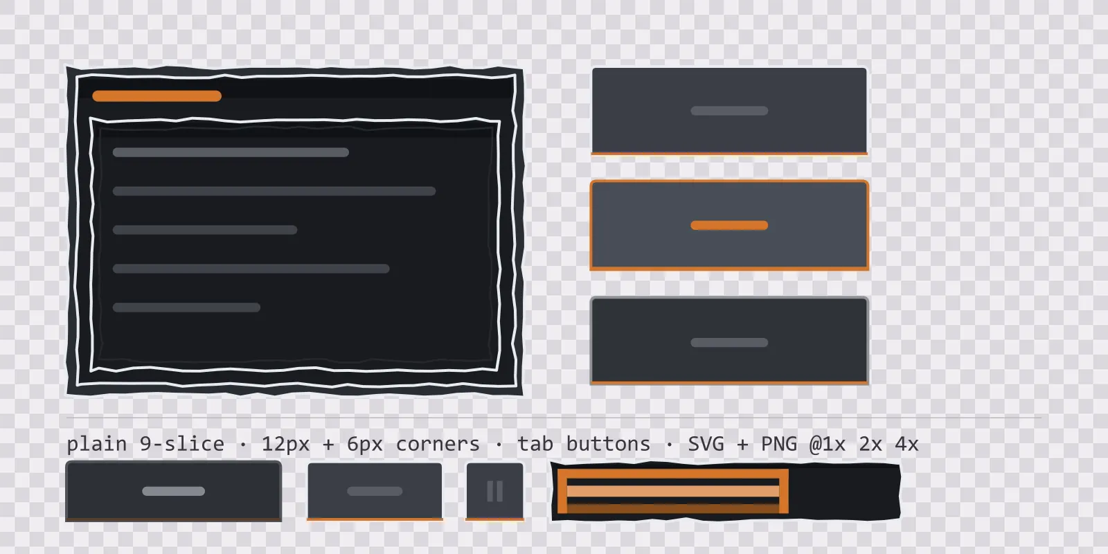 chalk on slate game menu panel with a ember orange title strip and a recessed list area, next to a column showing the same tab button in default, outlined hover and pushed-in pressed states