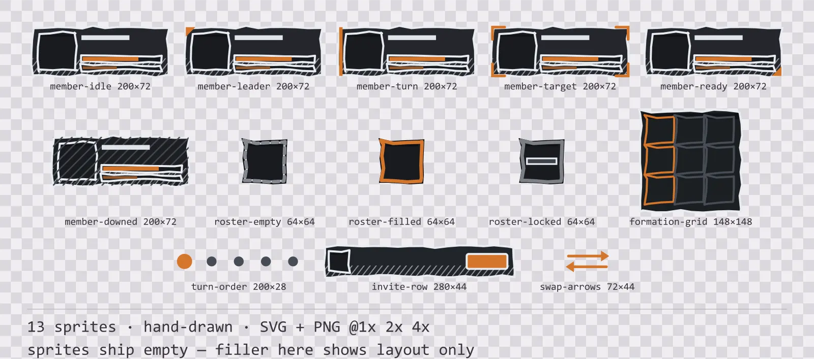 Sheet showing 13 hand-drawn party and roster widgets from the Charcoal family, arranged on a transparency checkerboard with their pixel sizes printed underneath