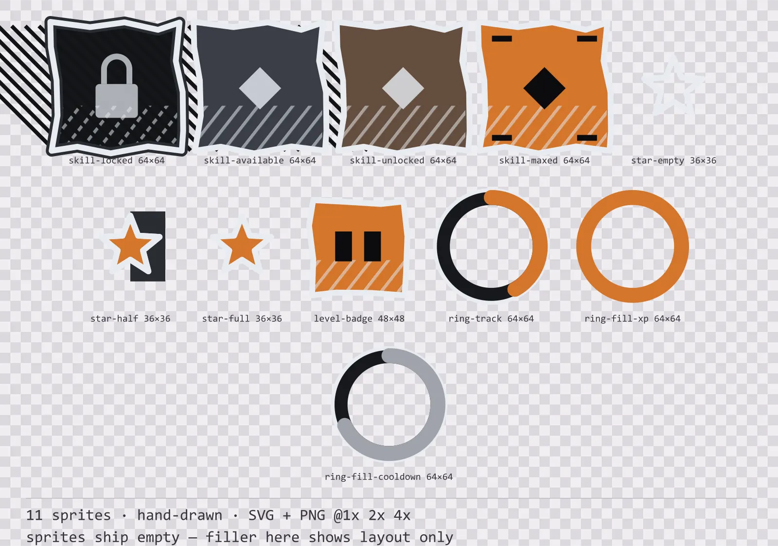 Sheet showing 11 hand-drawn progression and reward components from the Charcoal family, arranged on a transparency checkerboard with their pixel sizes printed underneath