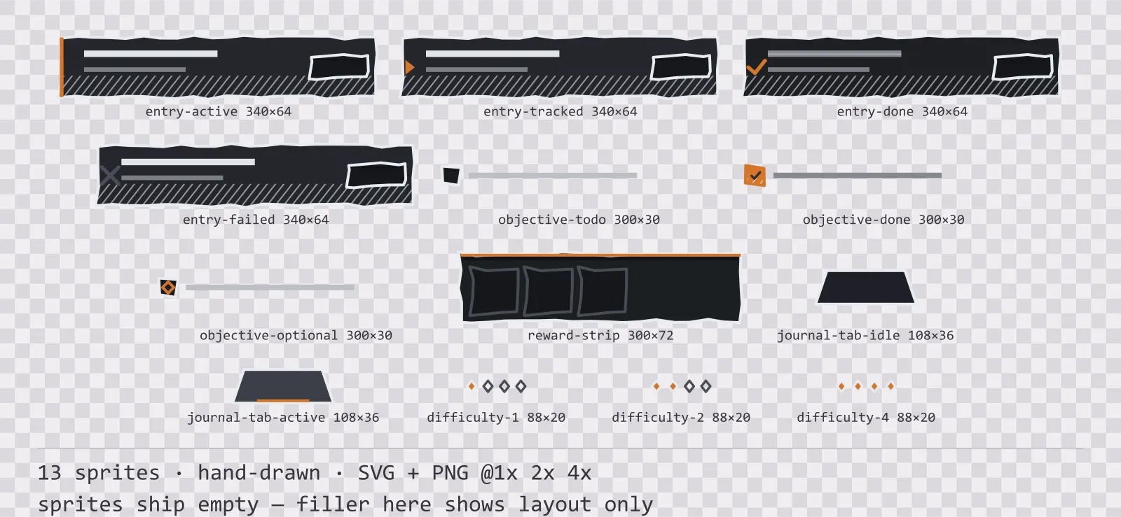 Sheet showing 13 hand-drawn quest log and objective widgets from the Charcoal family, arranged on a transparency checkerboard with their pixel sizes printed underneath