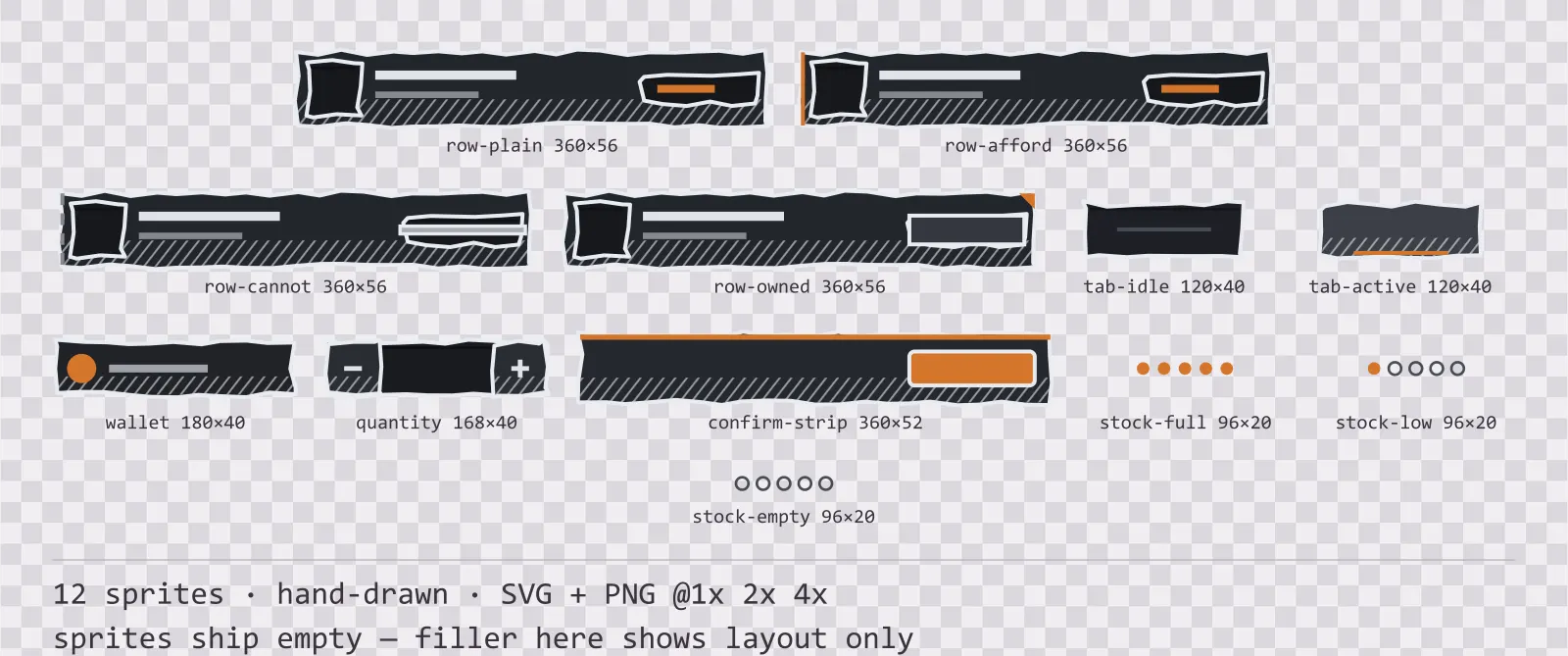 Planche montrant 12 éléments de boutique et d’économie (dessin à la main) de la famille Charcoal, disposés sur un damier de transparence avec leurs tailles en pixels inscrites en dessous