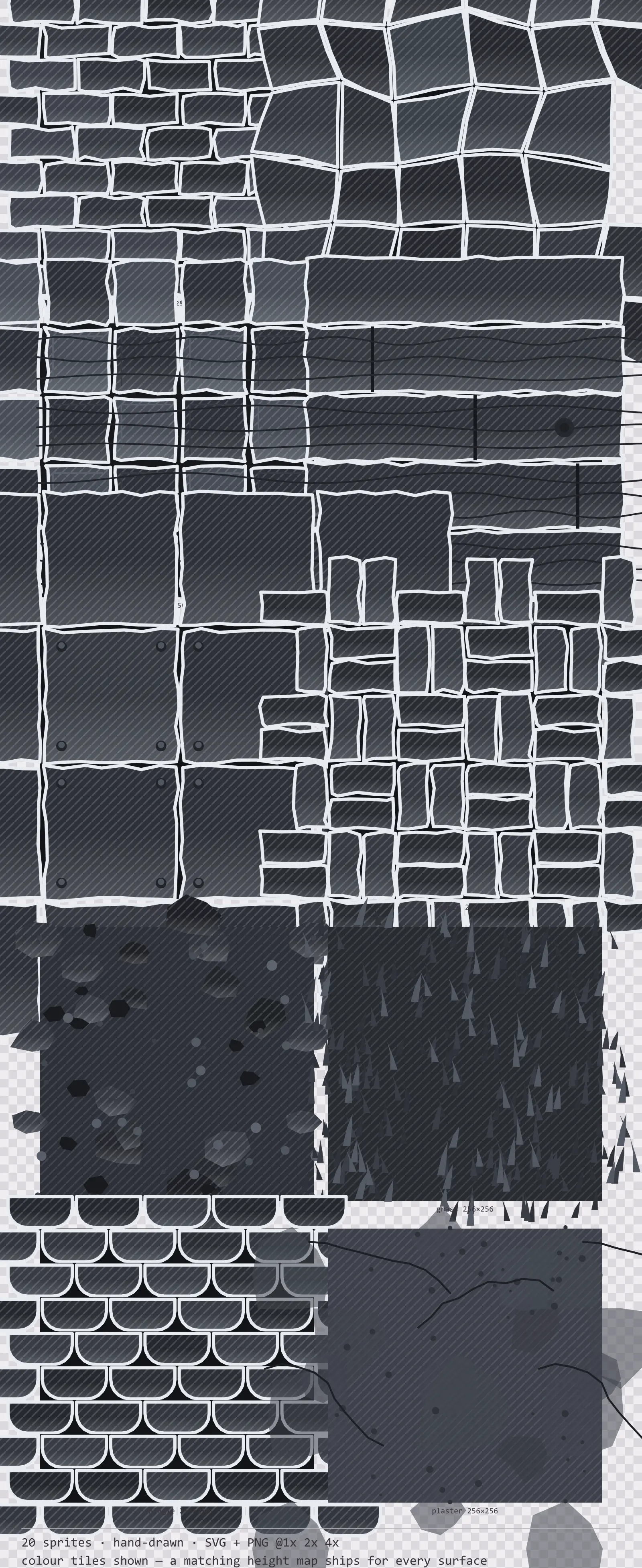 Sheet showing 20 hand-drawn tiling surface textures from the Charcoal family, arranged on a transparency checkerboard with their pixel sizes printed underneath