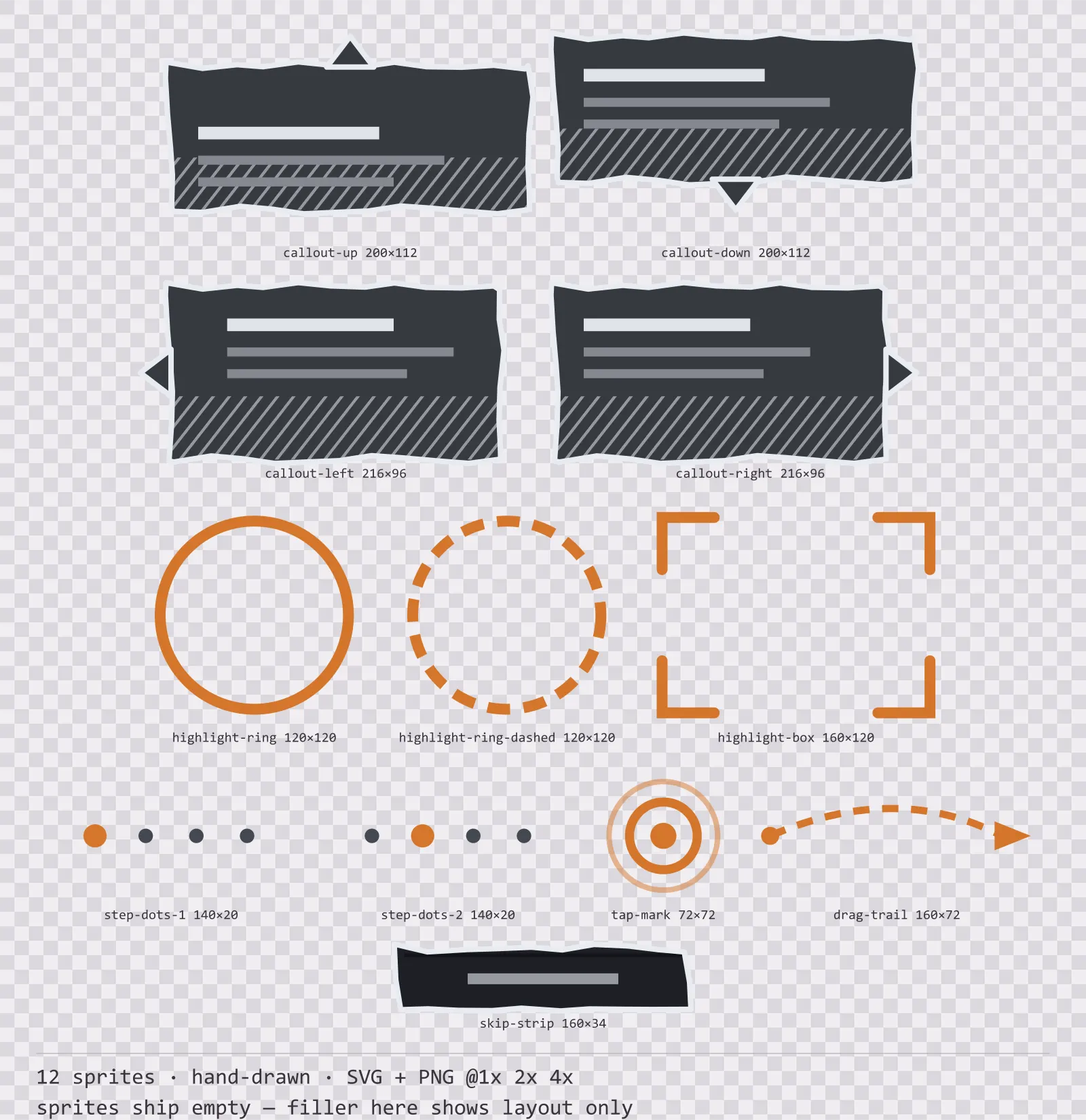 Sheet showing 12 hand-drawn tutorial and onboarding markers from the Charcoal family, arranged on a transparency checkerboard with their pixel sizes printed underneath