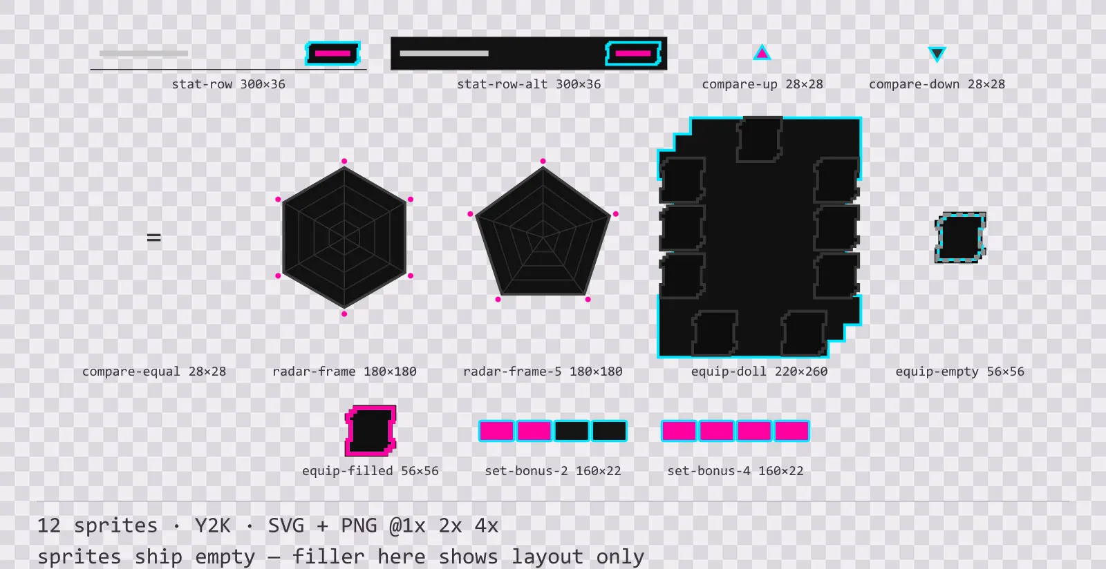 Sheet showing 12 Y2K character sheet and stat widgets from the Chromepop family, arranged on a transparency checkerboard with their pixel sizes printed underneath