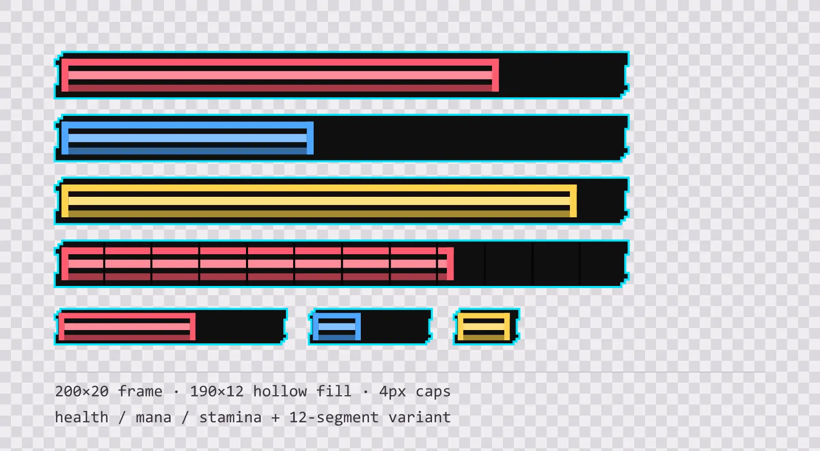 Three horizontal game status bars stacked on a checkerboard background, filled to different levels for health, mana and stamina, with a segmented 12-notch bar and three smaller bars beneath them