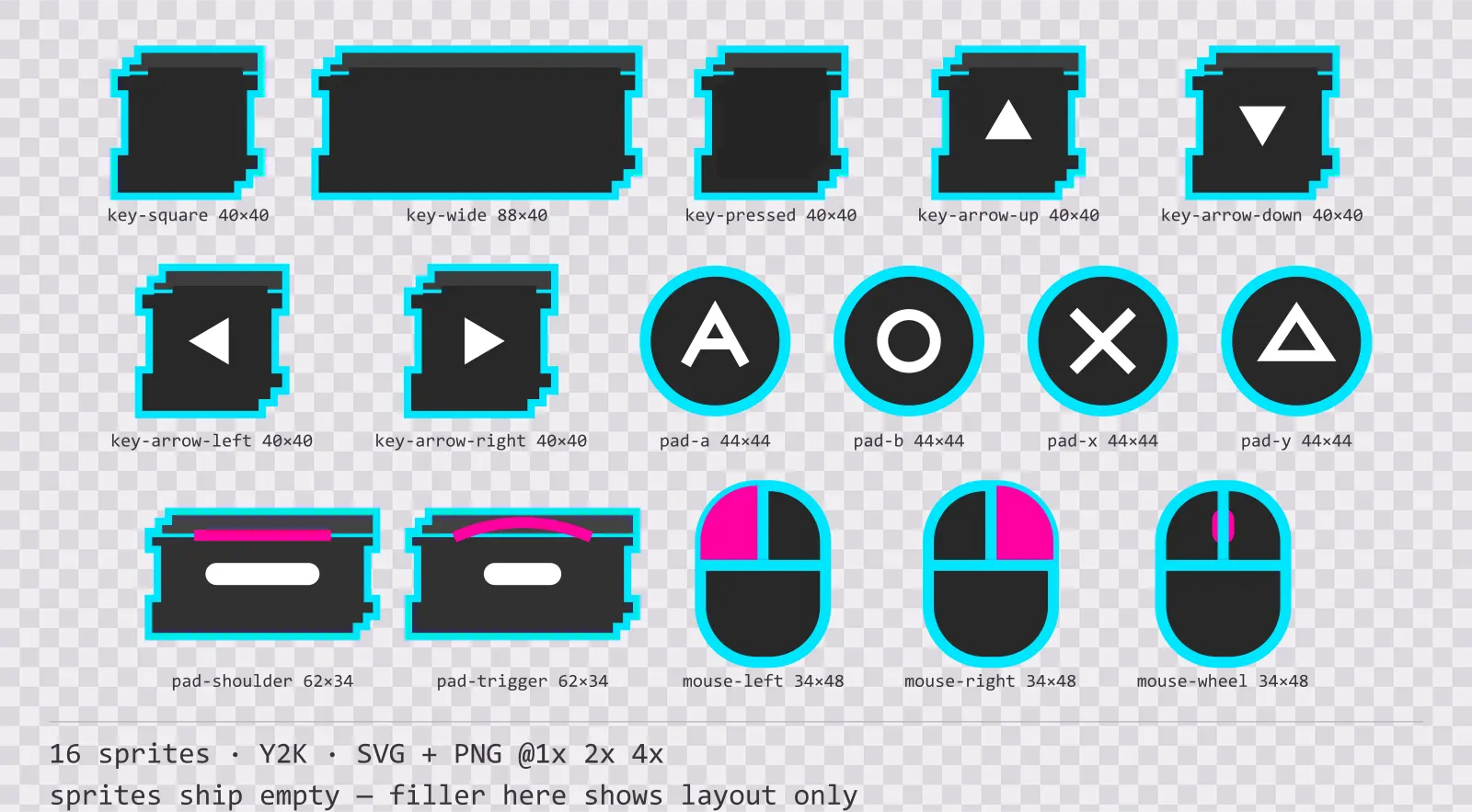 Sheet showing 16 Y2K input prompt sprites from the Chromepop family, arranged on a transparency checkerboard with their pixel sizes printed underneath