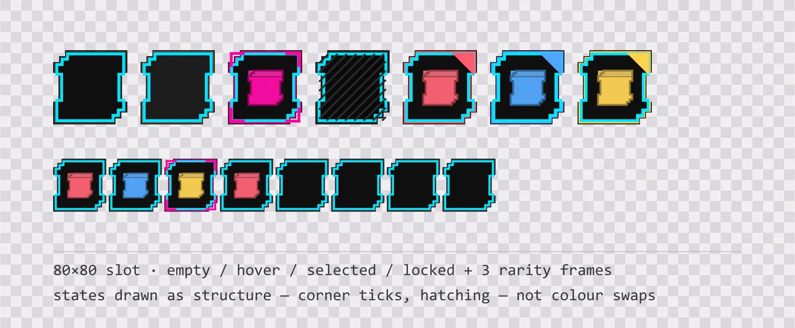 A row of square game inventory slots on a checkerboard background showing empty, hover, selected with corner ticks, and diagonally hatched locked states, followed by coloured rarity frames and a tiled eight-slot grid