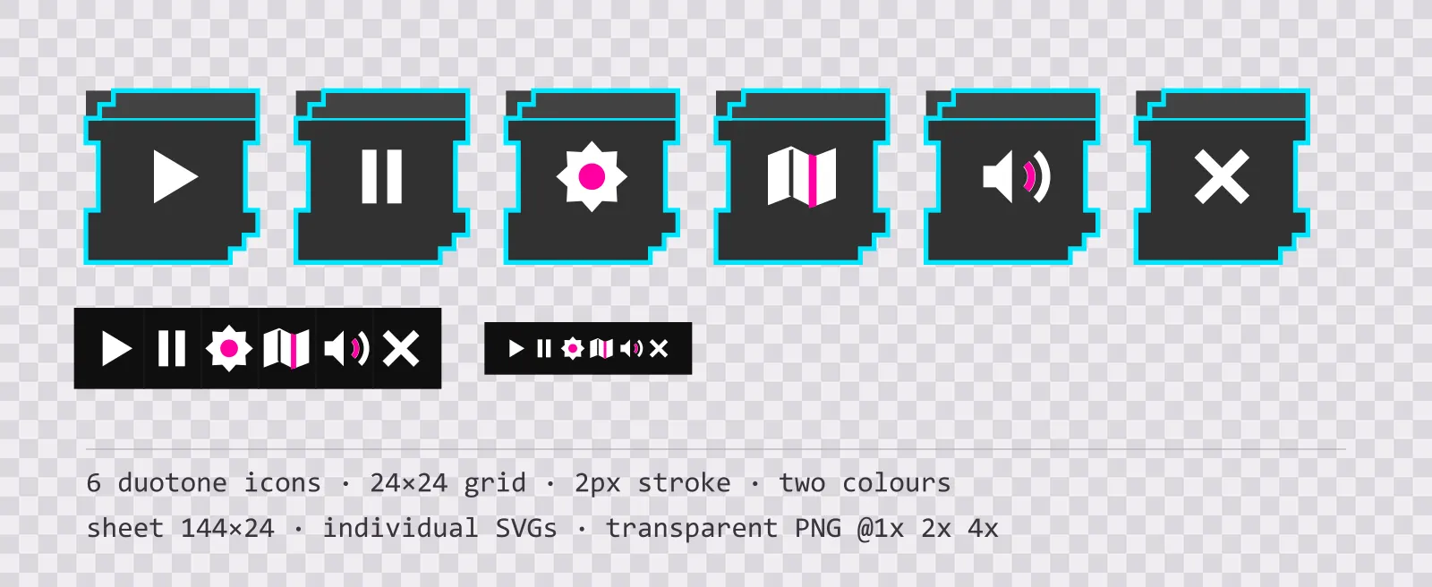 Six two-tone game menu icons on chrome poster tiles, shown large, laid out on a sheet grid, and again at actual 24 pixel size