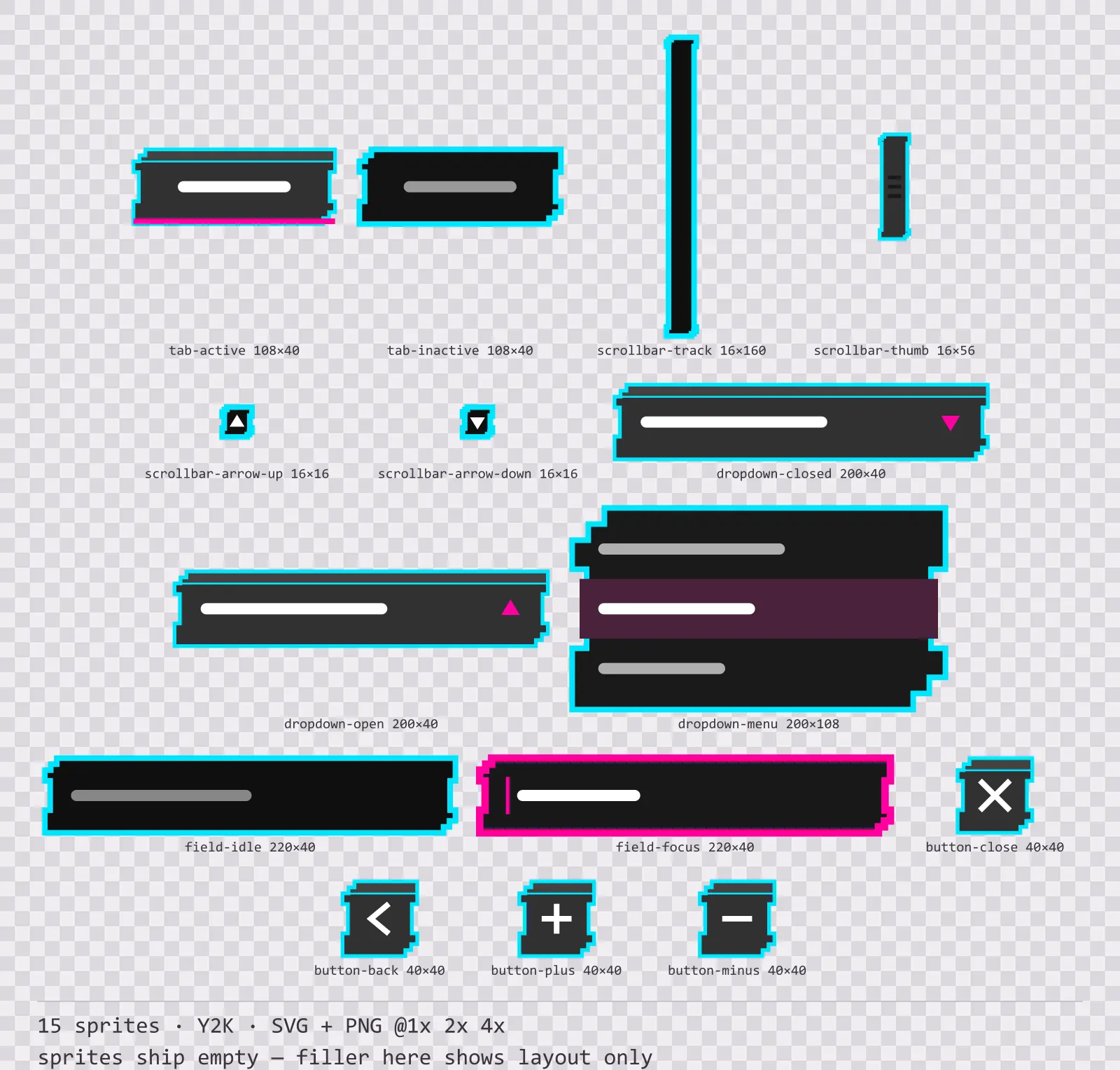 Sheet showing 15 Y2K navigation and input components from the Chromepop family, arranged on a transparency checkerboard with their pixel sizes printed underneath