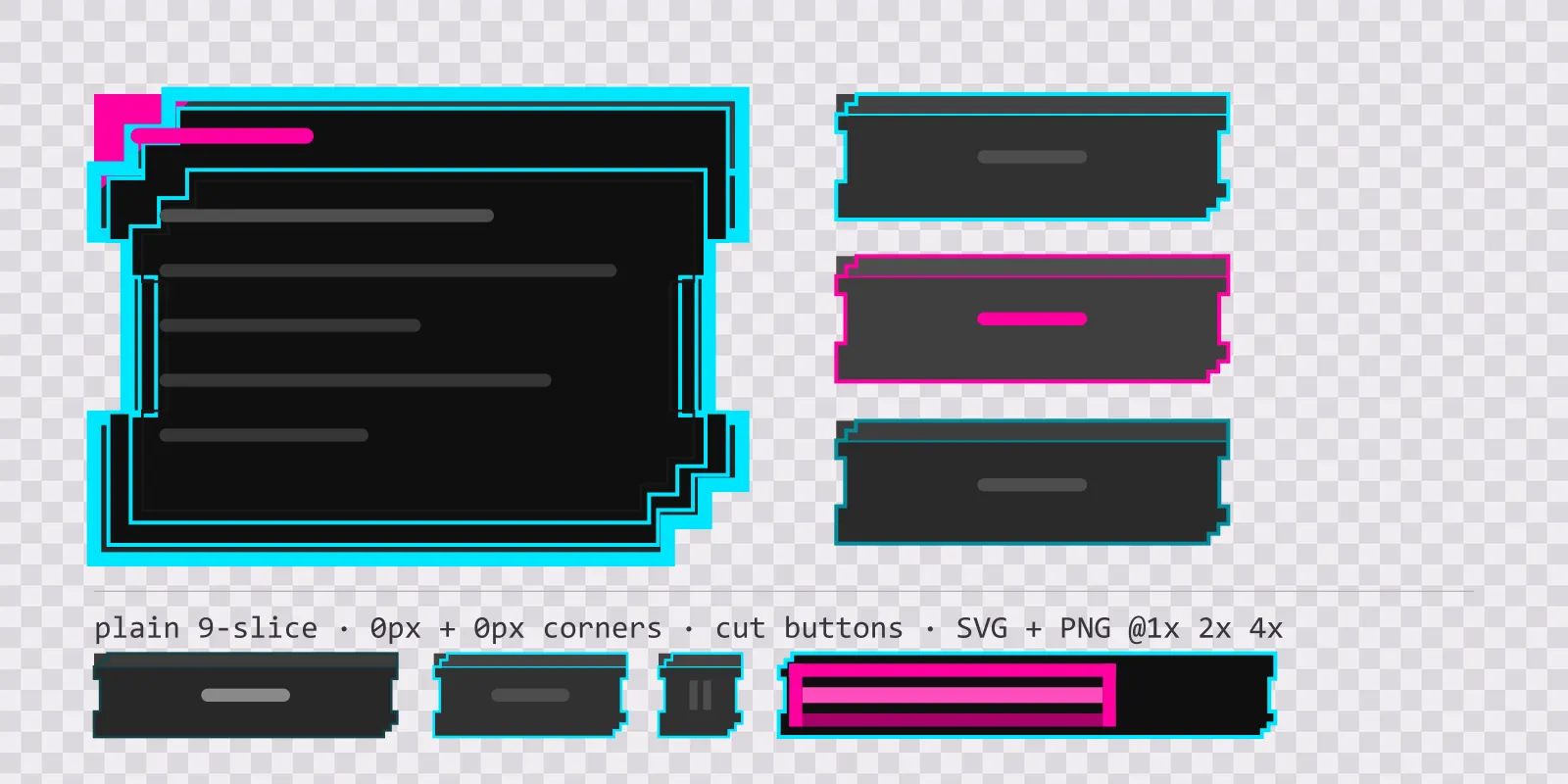 chrome poster game menu panel with a hot pink title strip and a recessed list area, next to a column showing the same chamfered button in default, outlined hover and pushed-in pressed states