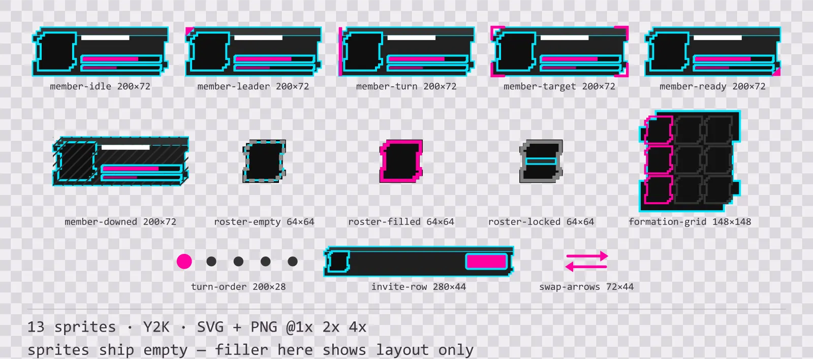 Sheet showing 13 Y2K party and roster widgets from the Chromepop family, arranged on a transparency checkerboard with their pixel sizes printed underneath