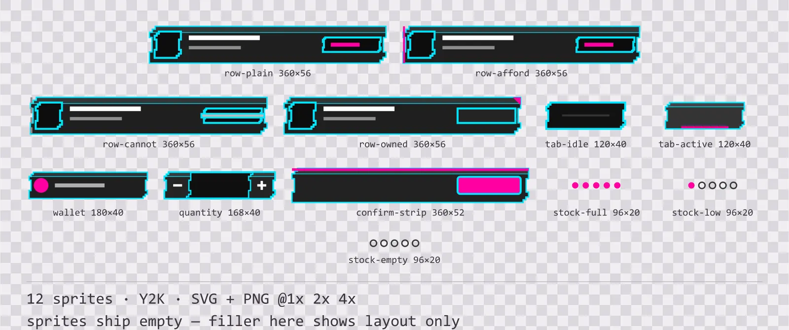 Planche montrant 12 éléments de boutique et d’économie (Y2K) de la famille Chromepop, disposés sur un damier de transparence avec leurs tailles en pixels inscrites en dessous