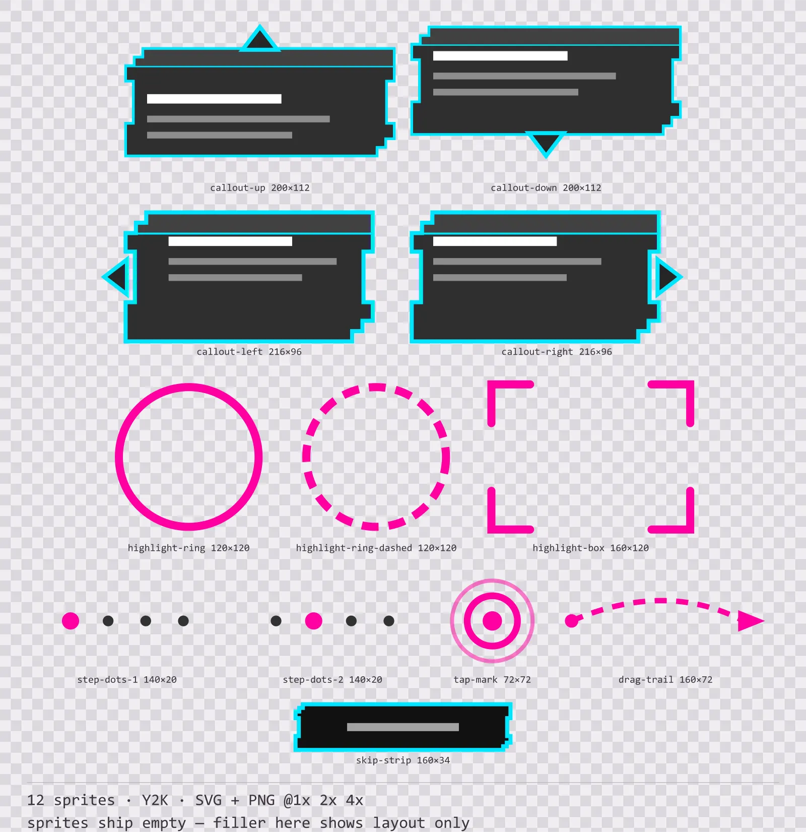 Sheet showing 12 Y2K tutorial and onboarding markers from the Chromepop family, arranged on a transparency checkerboard with their pixel sizes printed underneath