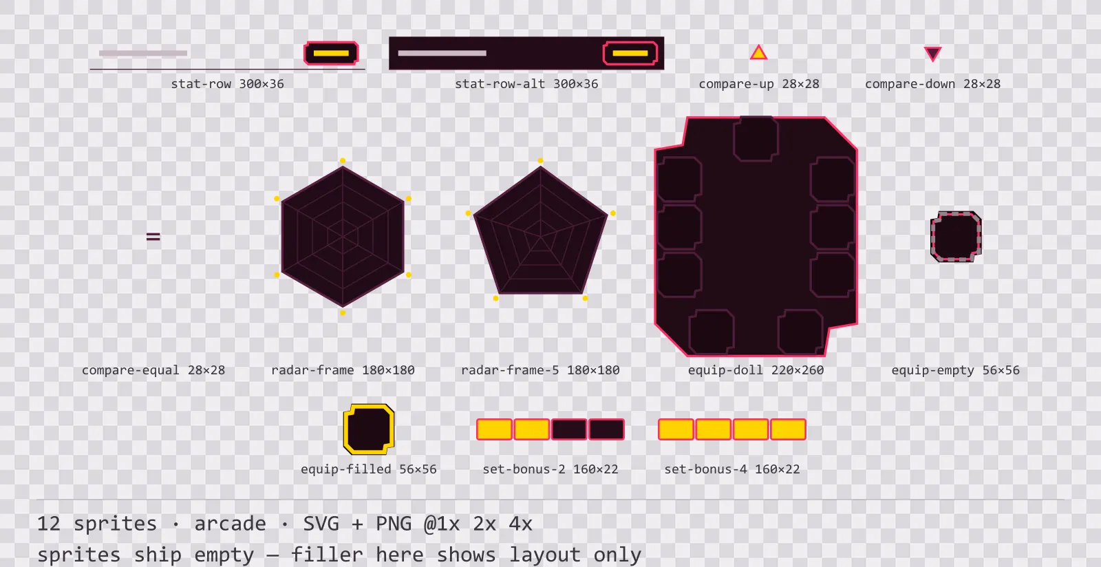 Sheet showing 12 arcade character sheet and stat widgets from the Coinop family, arranged on a transparency checkerboard with their pixel sizes printed underneath