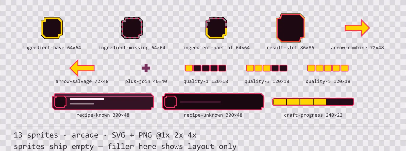 Folha com 13 elementos de criação e receitas (arcade) da família Coinop, dispostos sobre um xadrez de transparência com suas medidas em pixels escritas embaixo