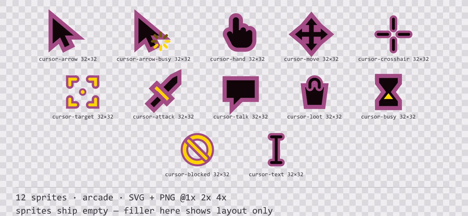 Blatt mit 12 Mauscursor (Arcade) aus der Familie Coinop, angeordnet auf einem Transparenz-Schachbrett, mit den Pixelmaßen darunter