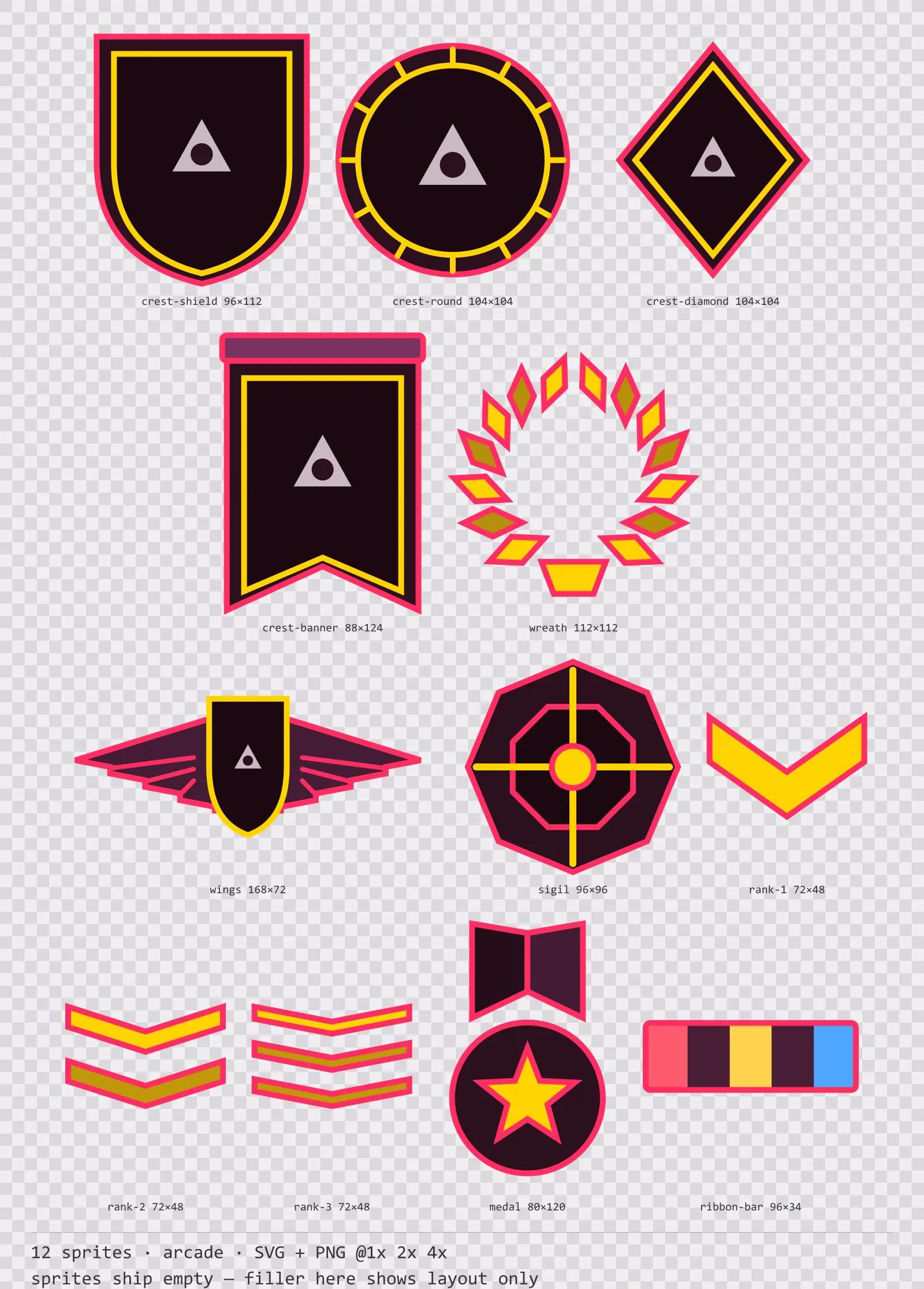 Sheet showing 12 arcade crests, insignia and rank marks from the Coinop family, arranged on a transparency checkerboard with their pixel sizes printed underneath
