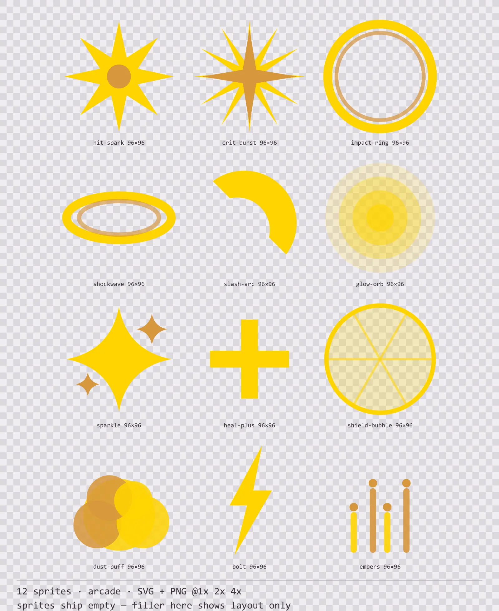 Sheet showing 12 arcade impact and effect sprites from the Coinop family, arranged on a transparency checkerboard with their pixel sizes printed underneath