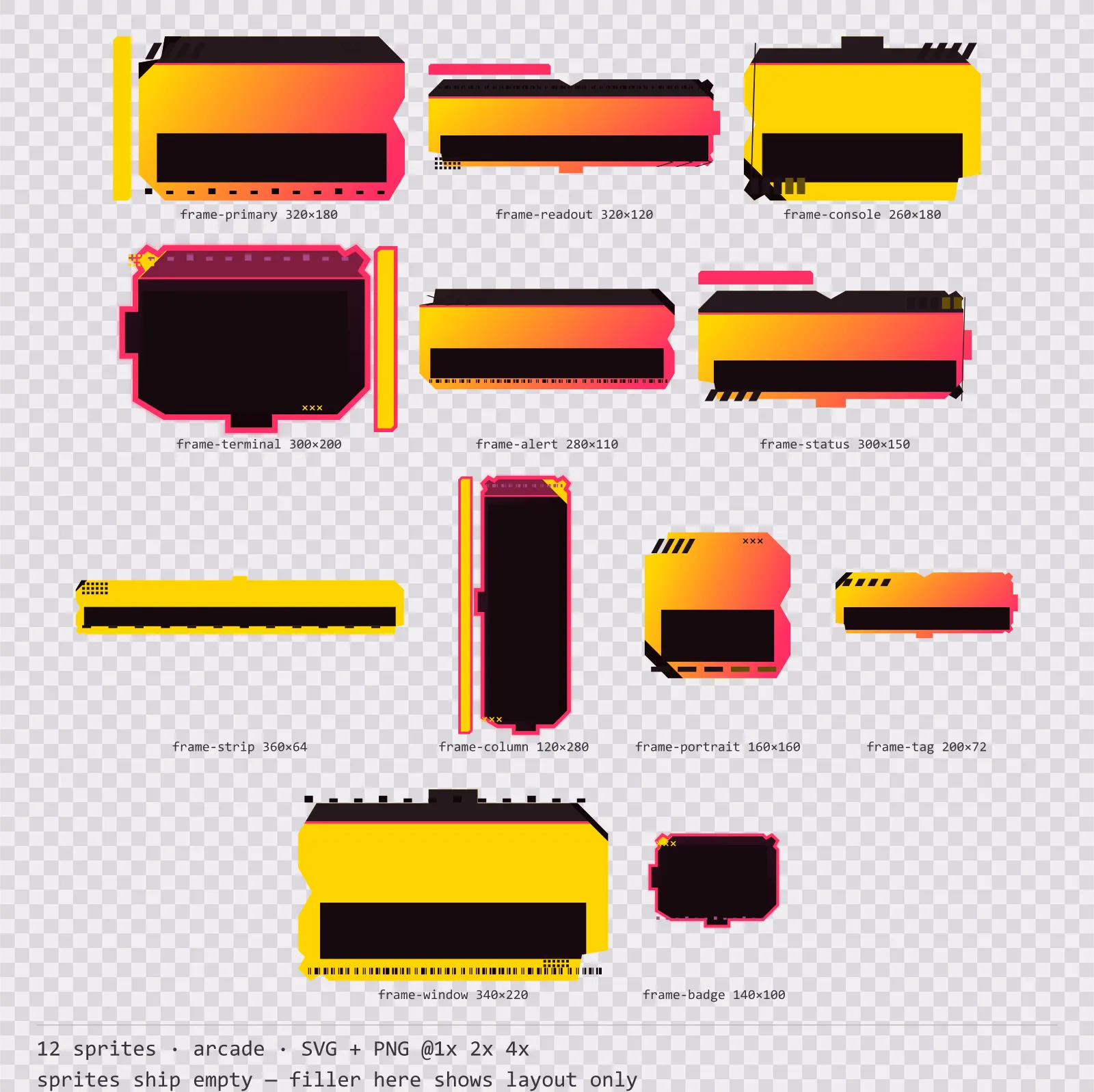 Sheet showing 12 arcade HUD frames from the Coinop family, arranged on a transparency checkerboard with their pixel sizes printed underneath