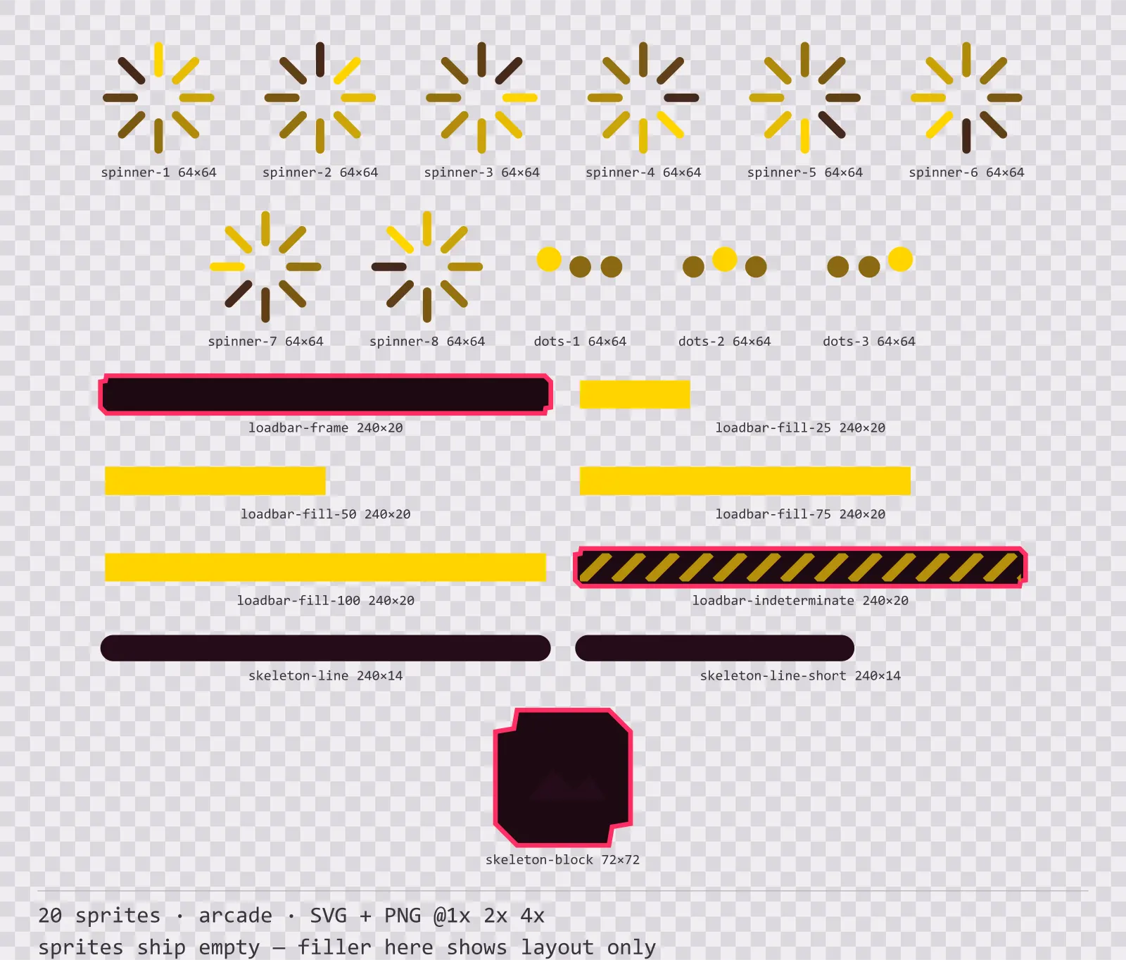 Sheet showing 20 arcade loading and waiting indicators from the Coinop family, arranged on a transparency checkerboard with their pixel sizes printed underneath