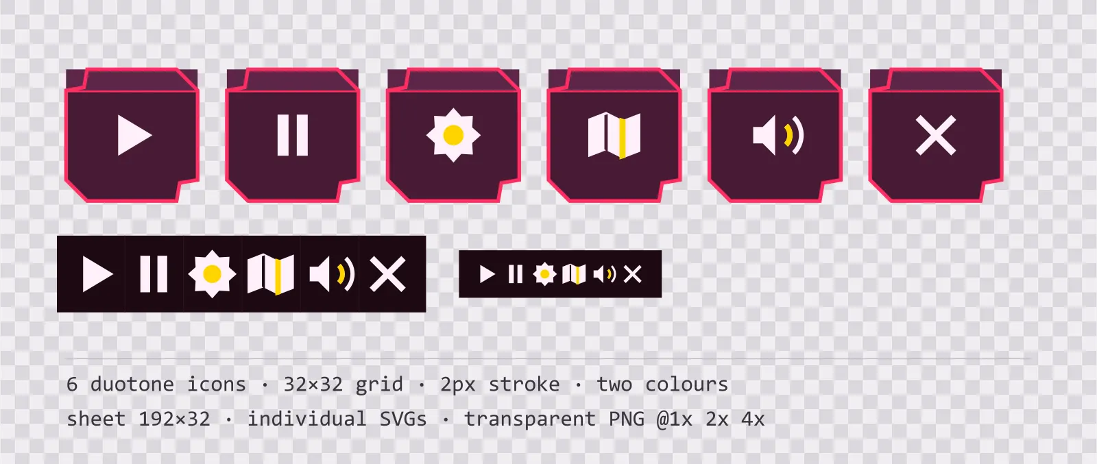 Six two-tone game menu icons on cabinet glow tiles, shown large, laid out on a sheet grid, and again at actual 32 pixel size