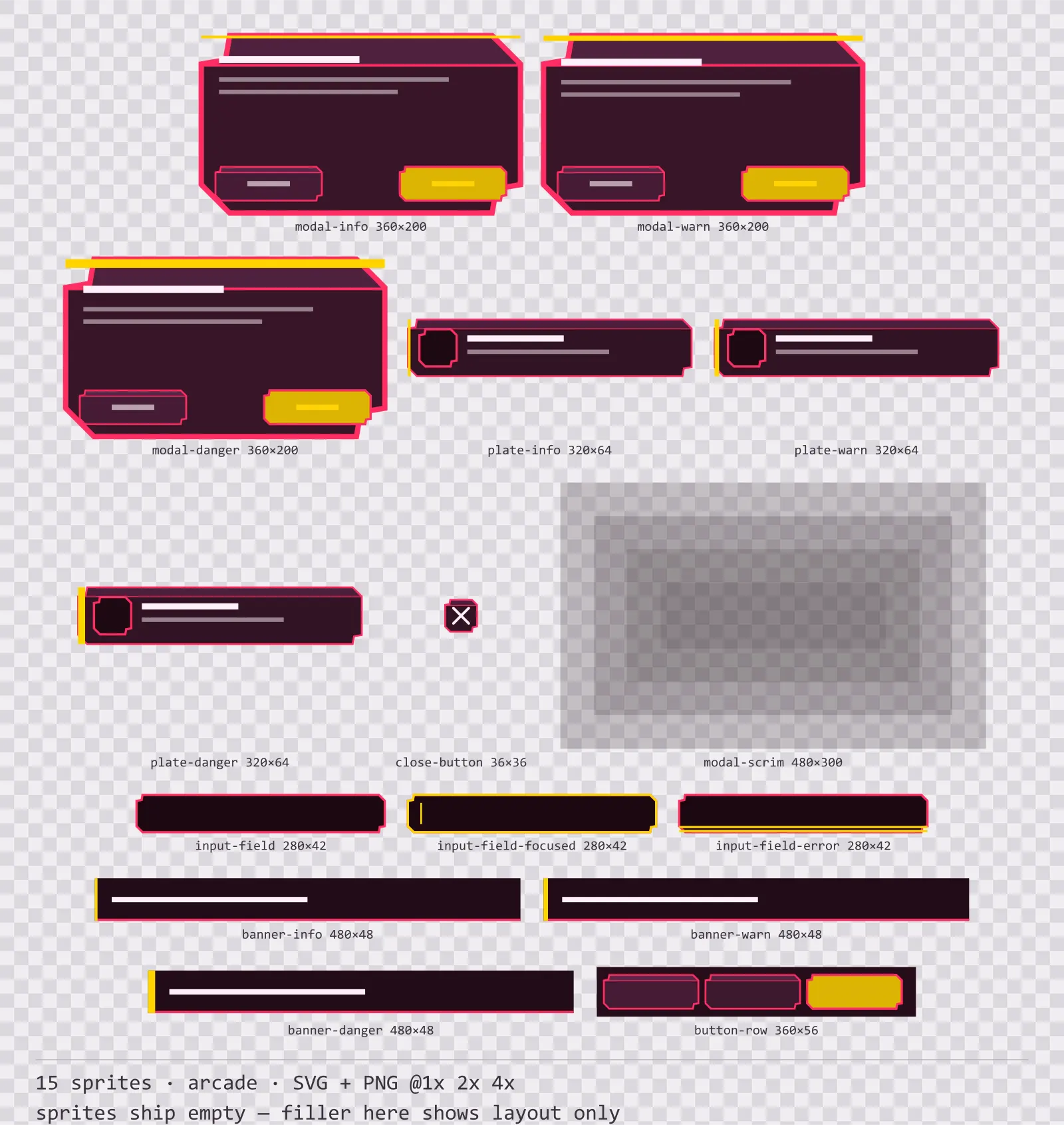 Planche montrant 15 fenêtres modales et avis système (arcade) de la famille Coinop, disposés sur un damier de transparence avec leurs tailles en pixels inscrites en dessous