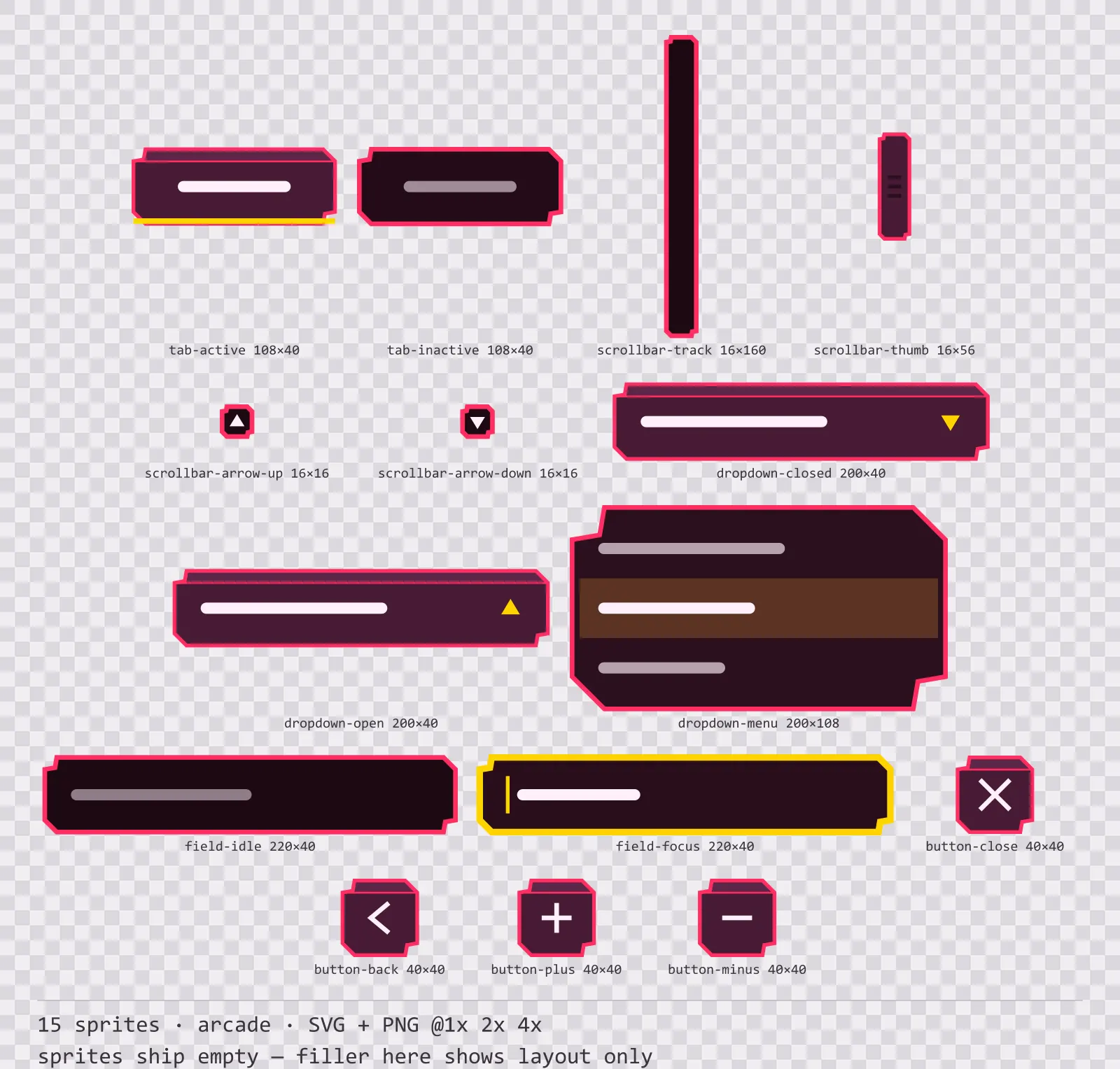 Sheet showing 15 arcade navigation and input components from the Coinop family, arranged on a transparency checkerboard with their pixel sizes printed underneath