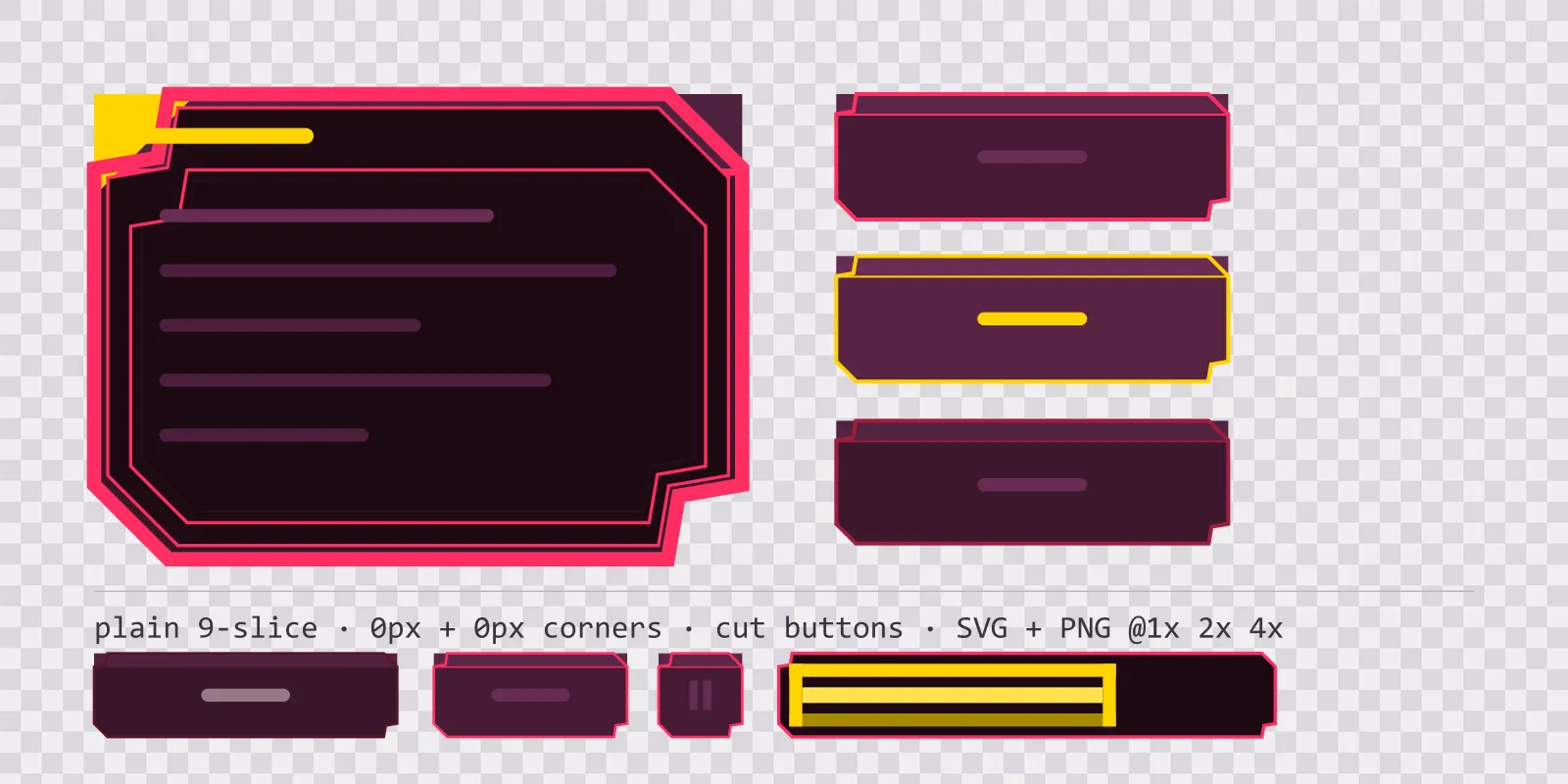 cabinet glow game menu panel with a coin gold title strip and a recessed list area, next to a column showing the same chamfered button in default, outlined hover and pushed-in pressed states