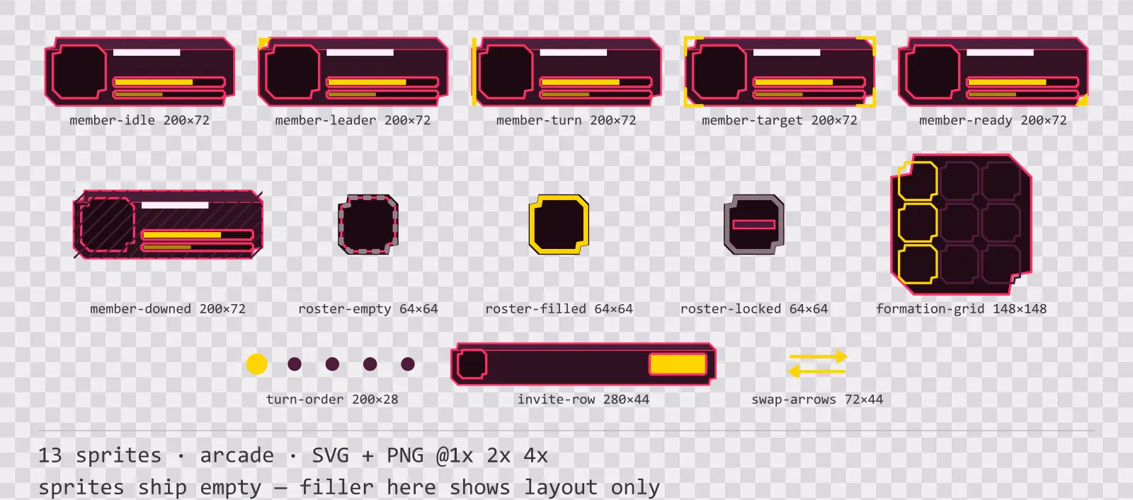 Sheet showing 13 arcade party and roster widgets from the Coinop family, arranged on a transparency checkerboard with their pixel sizes printed underneath