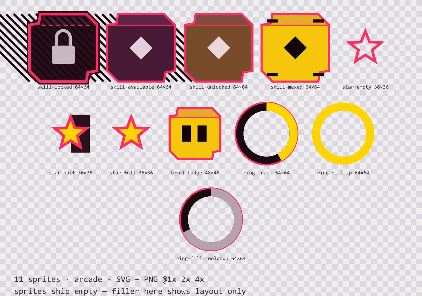 Sheet showing 11 arcade progression and reward components from the Coinop family, arranged on a transparency checkerboard with their pixel sizes printed underneath