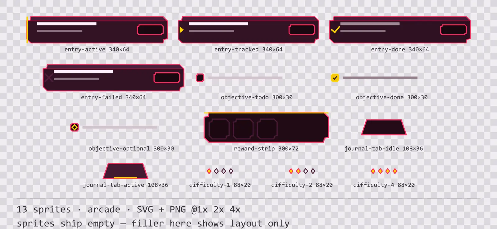 Blatt mit 13 Questlog- und Zielelemente (Arcade) aus der Familie Coinop, angeordnet auf einem Transparenz-Schachbrett, mit den Pixelmaßen darunter