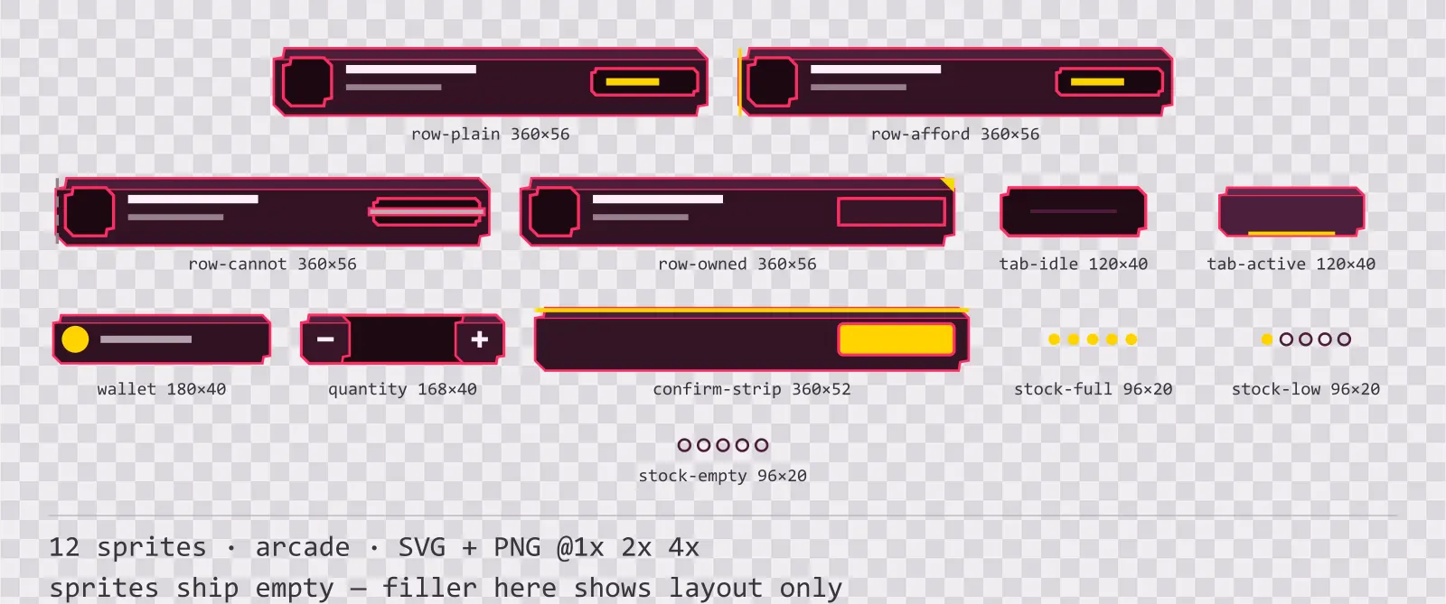 Planche montrant 12 éléments de boutique et d’économie (arcade) de la famille Coinop, disposés sur un damier de transparence avec leurs tailles en pixels inscrites en dessous