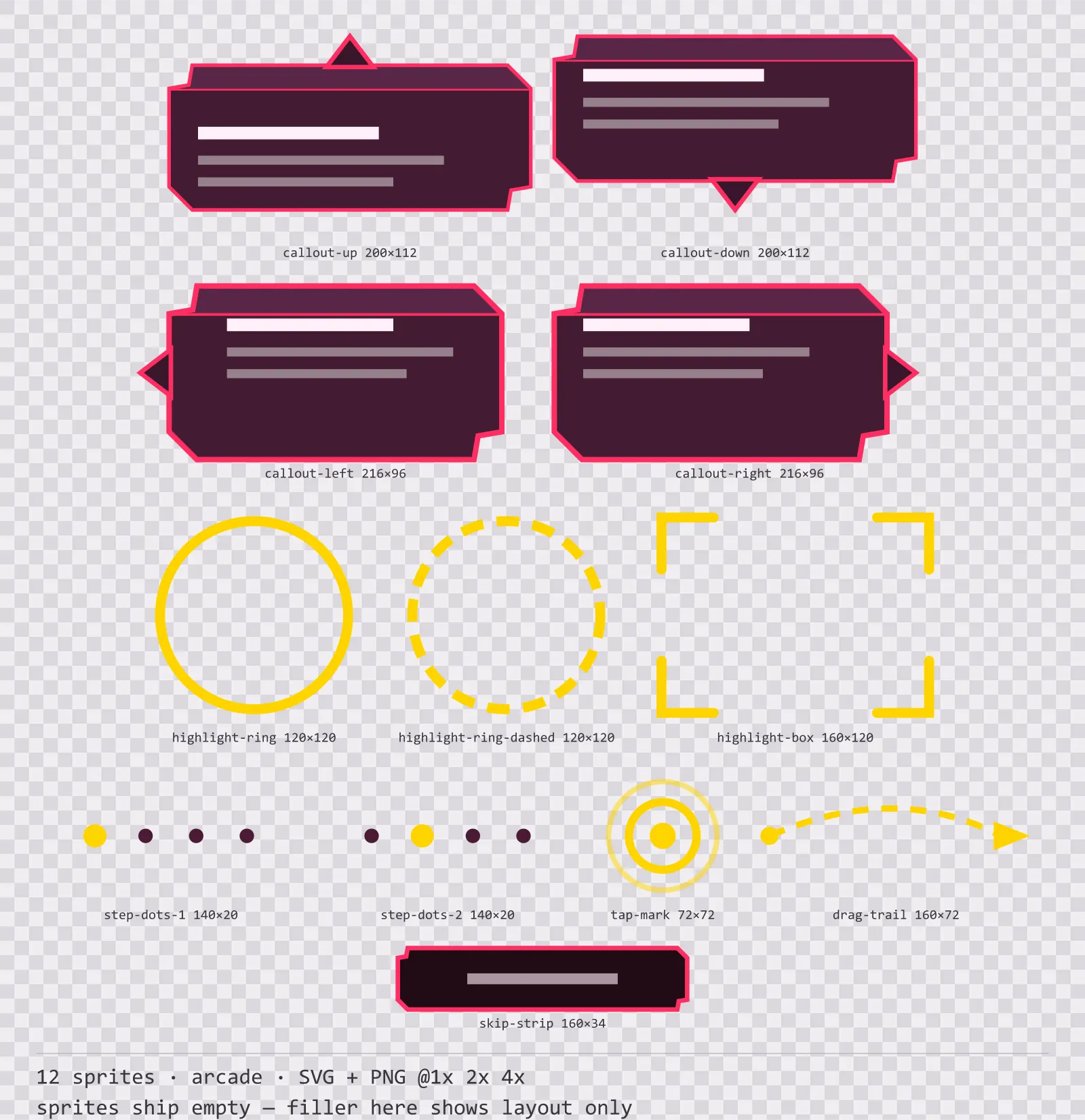Sheet showing 12 arcade tutorial and onboarding markers from the Coinop family, arranged on a transparency checkerboard with their pixel sizes printed underneath