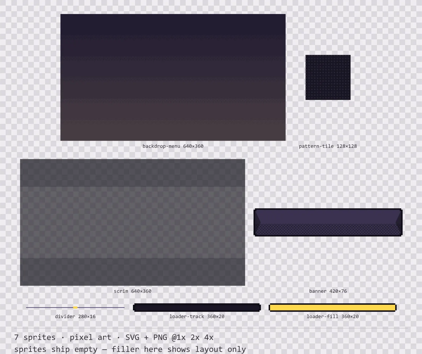 Sheet showing 7 pixel art background and overlay pieces from the Dusk family, arranged on a transparency checkerboard with their pixel sizes printed underneath