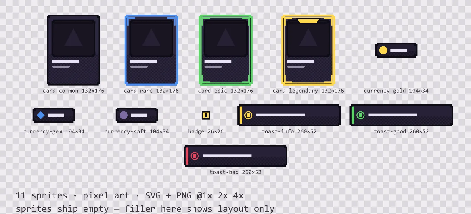 Sheet showing 11 pixel art card, currency and notification components from the Dusk family, arranged on a transparency checkerboard with their pixel sizes printed underneath