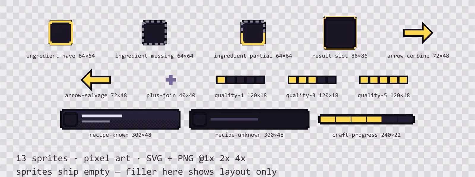 Sheet showing 13 pixel art crafting and recipe widgets from the Dusk family, arranged on a transparency checkerboard with their pixel sizes printed underneath