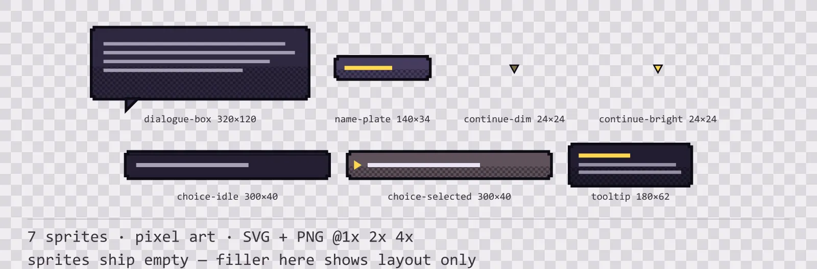 Sheet showing 7 pixel art dialogue components from the Dusk family, arranged on a transparency checkerboard with their pixel sizes printed underneath