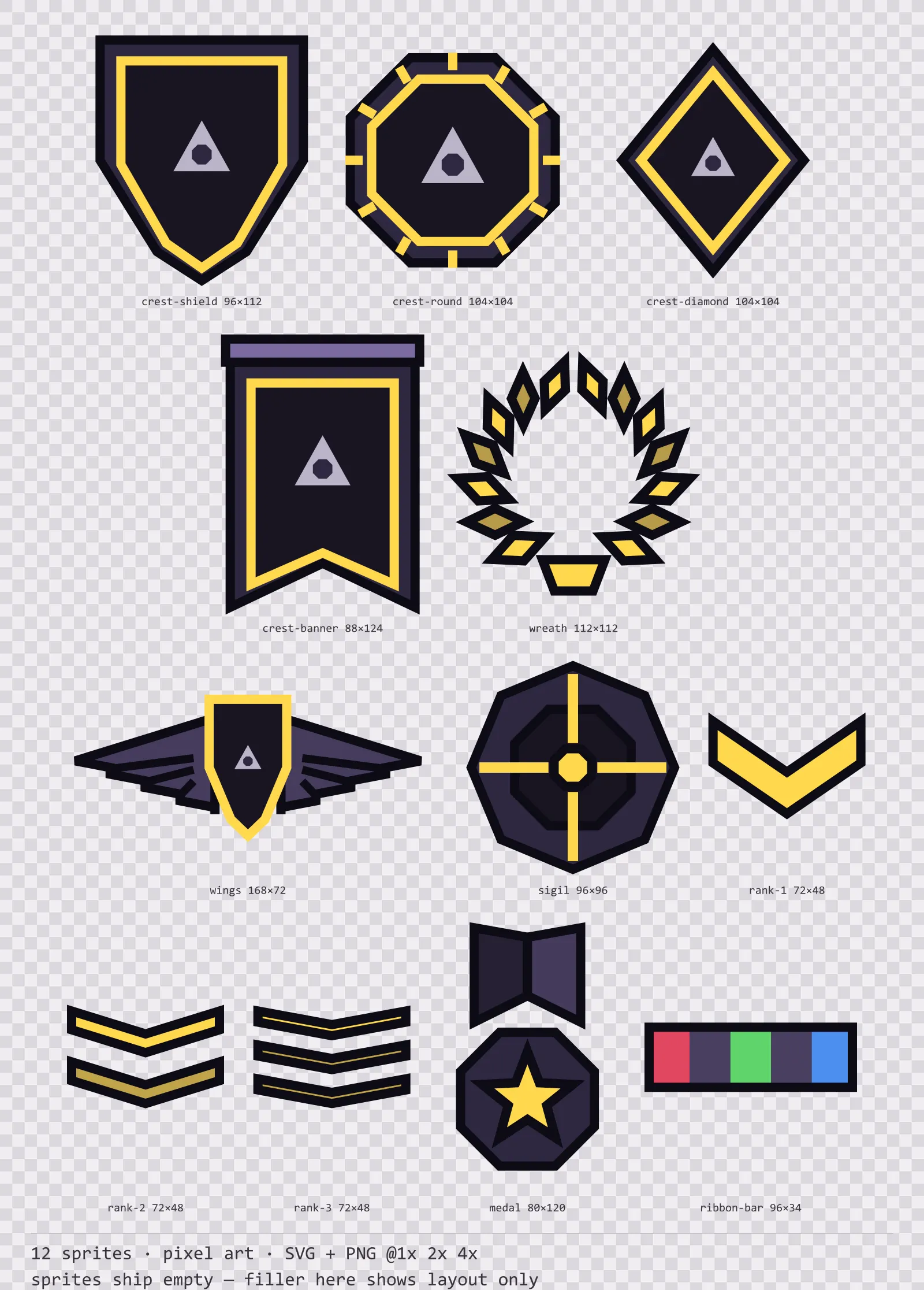 Sheet showing 12 pixel art crests, insignia and rank marks from the Dusk family, arranged on a transparency checkerboard with their pixel sizes printed underneath