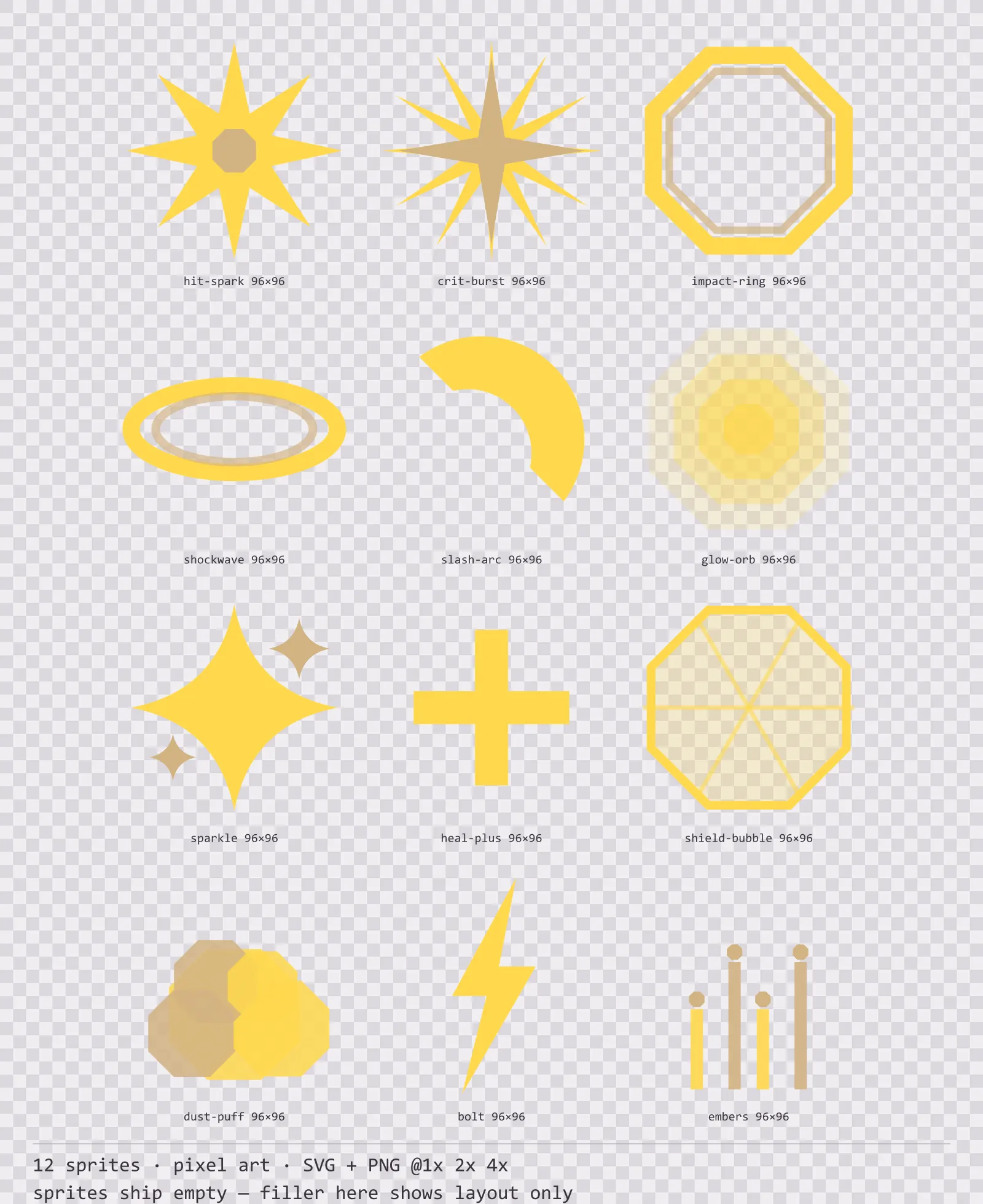 Sheet showing 12 pixel art impact and effect sprites from the Dusk family, arranged on a transparency checkerboard with their pixel sizes printed underneath
