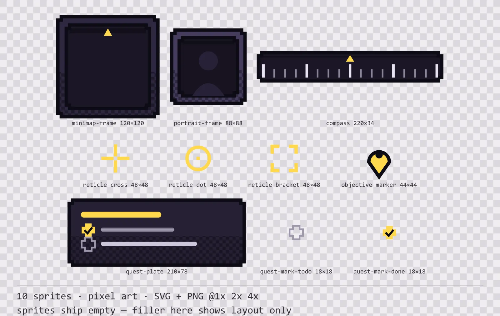 Sheet showing 10 pixel art heads-up display frames from the Dusk family, arranged on a transparency checkerboard with their pixel sizes printed underneath