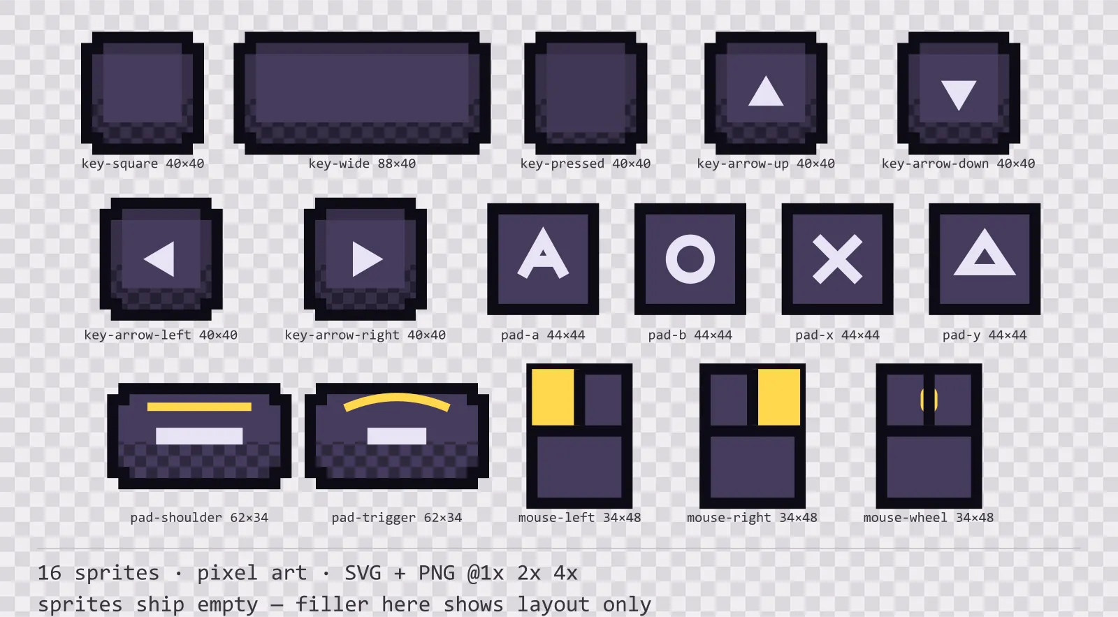 Sheet showing 16 pixel art input prompt sprites from the Dusk family, arranged on a transparency checkerboard with their pixel sizes printed underneath