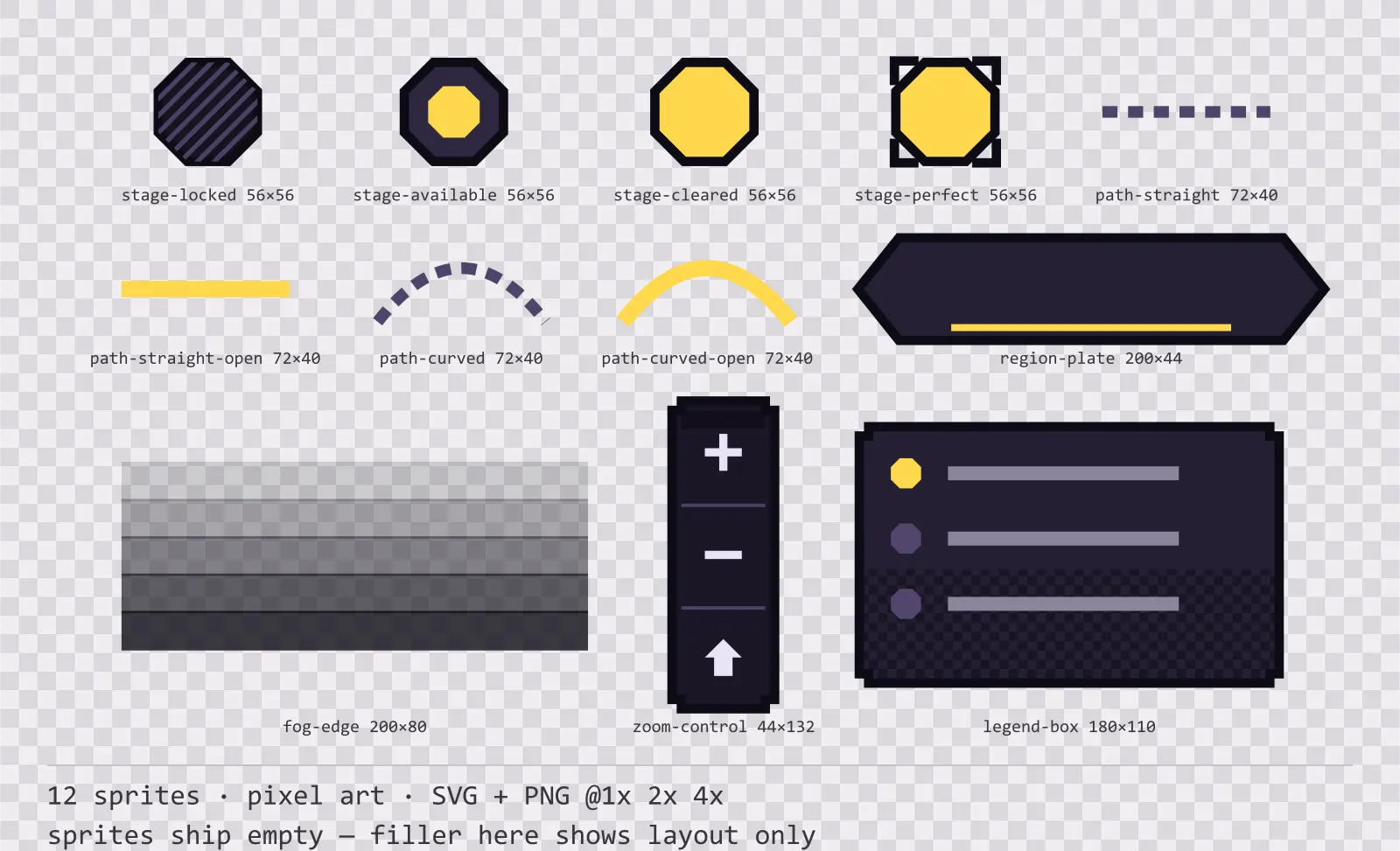 Hoja con 12 piezas de mapa y selección de nivel (pixel art) de la familia Dusk, dispuestos sobre un damero de transparencia y con sus medidas en píxeles escritas debajo