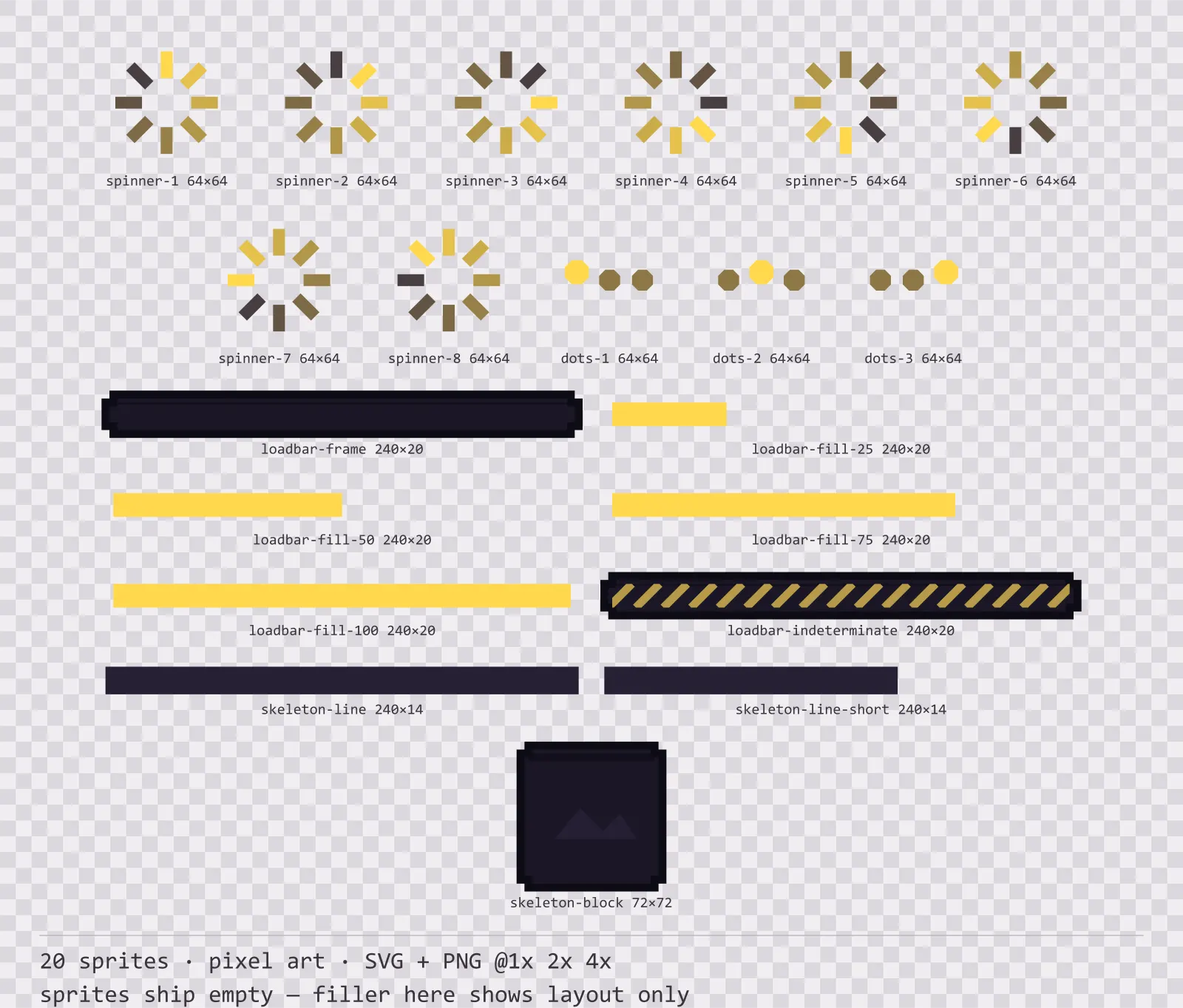 Sheet showing 20 pixel art loading and waiting indicators from the Dusk family, arranged on a transparency checkerboard with their pixel sizes printed underneath