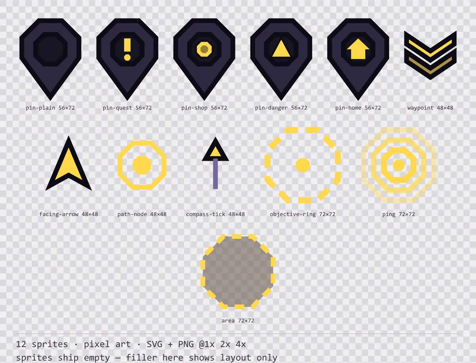 Sheet showing 12 pixel art map markers and world indicators from the Dusk family, arranged on a transparency checkerboard with their pixel sizes printed underneath