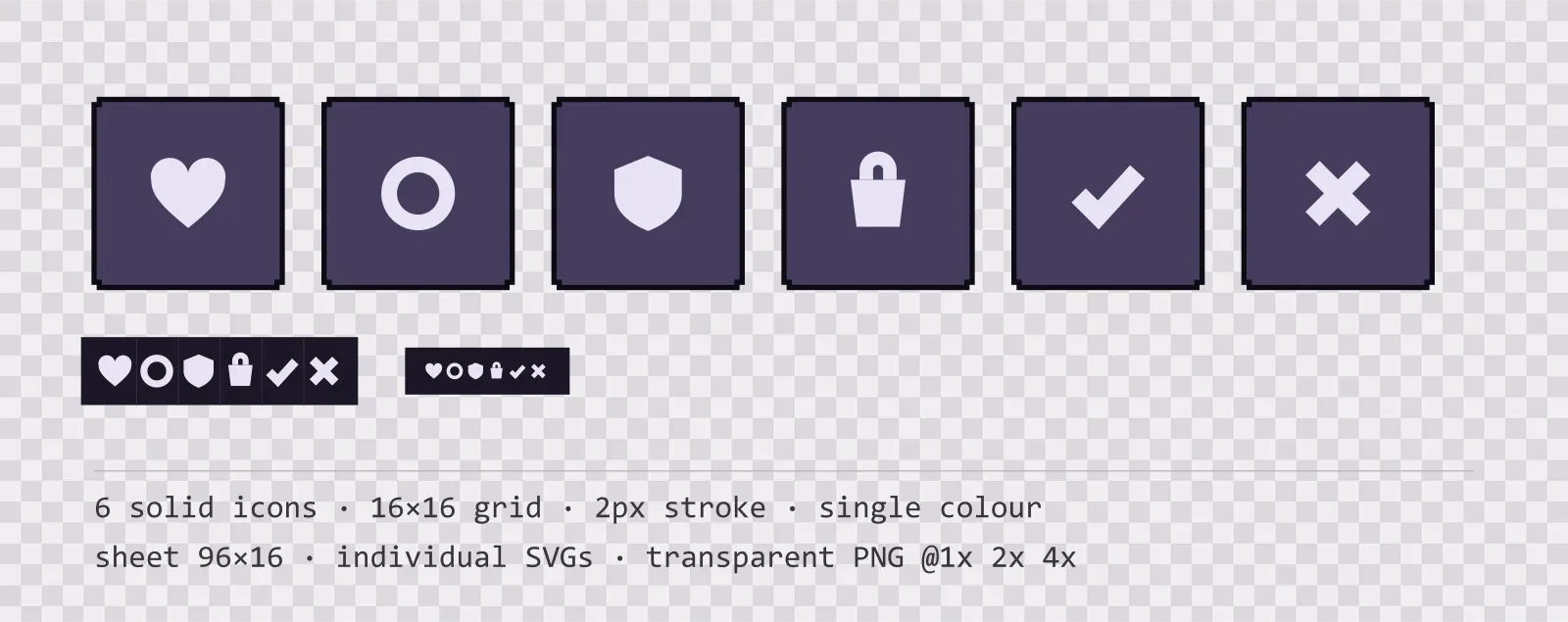 Six solid game menu icons on dusk purple tiles, shown large, laid out on a sheet grid, and again at actual 16 pixel size