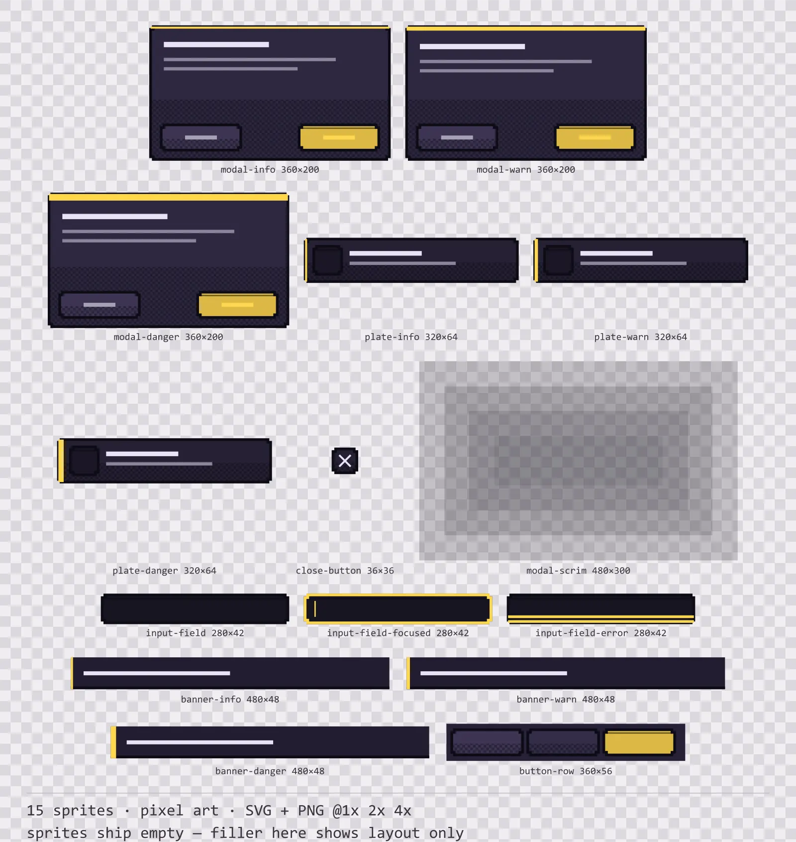 Blatt mit 15 modale Dialoge und Systemhinweise (Pixel Art) aus der Familie Dusk, angeordnet auf einem Transparenz-Schachbrett, mit den Pixelmaßen darunter