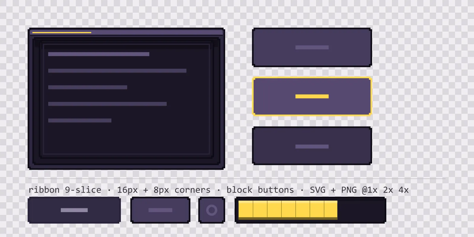 dusk purple game menu panel with a amber title strip and a recessed list area, next to a column showing the same square button in default, outlined hover and pushed-in pressed states